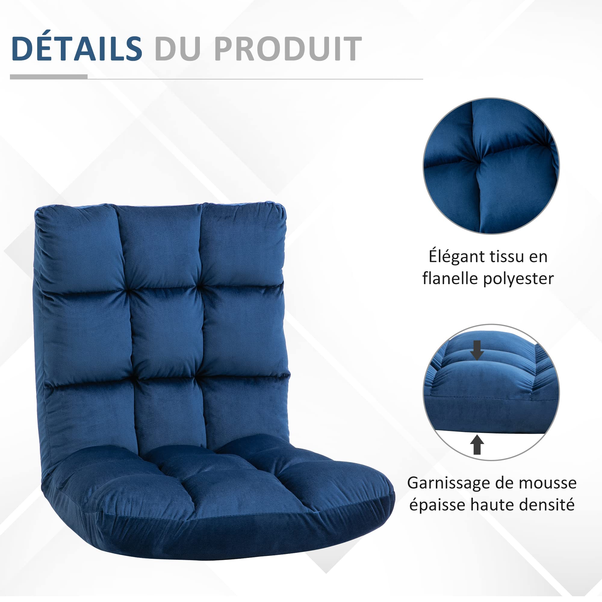 HOMCOM Fauteuil Convertible Grand Confort Inclinaison 90°-180° Bleu Roi | Fauteuil Paresseux, Dossier Multipositions, Flanelle Polyester Capitonné