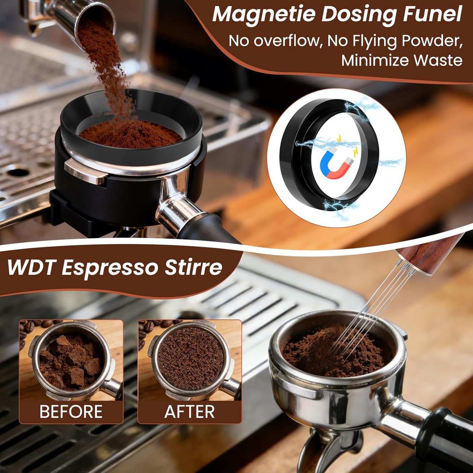 Barista Accesorios, 7 accesorios para espresso, 51 mm WDT Tool Tamper Distributor Anillo dosificador para máquinas portafiltros café Tamper Barista Set de acero inoxidable para el hogar Cafes