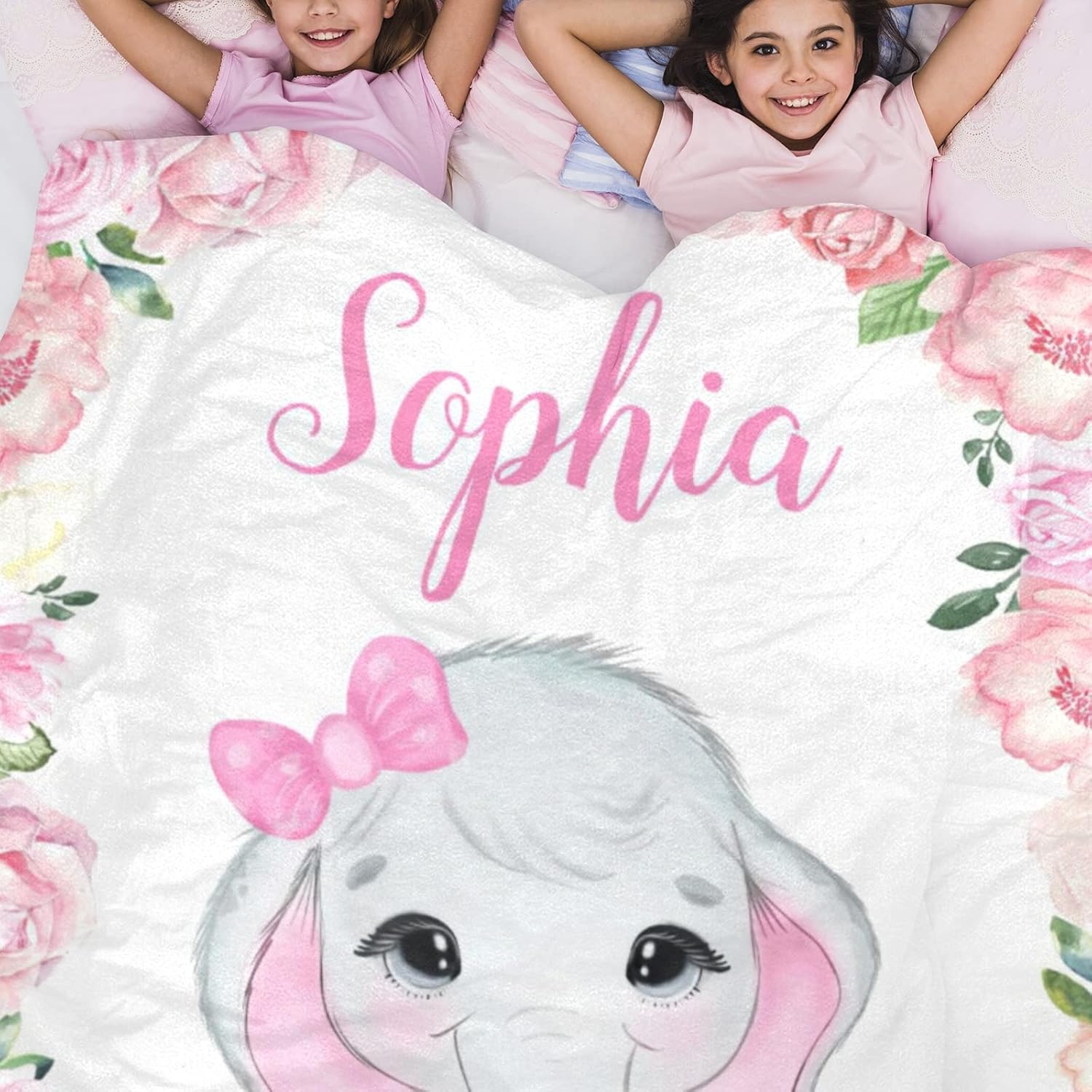 CADE Custom Baby Blanket for Girls Personalized Baby Blanket with Name Elephant Blankets with Pink Floral Soft Warm Blanket for Baby Shower Nursery Baby Essentials - 60x80 inch