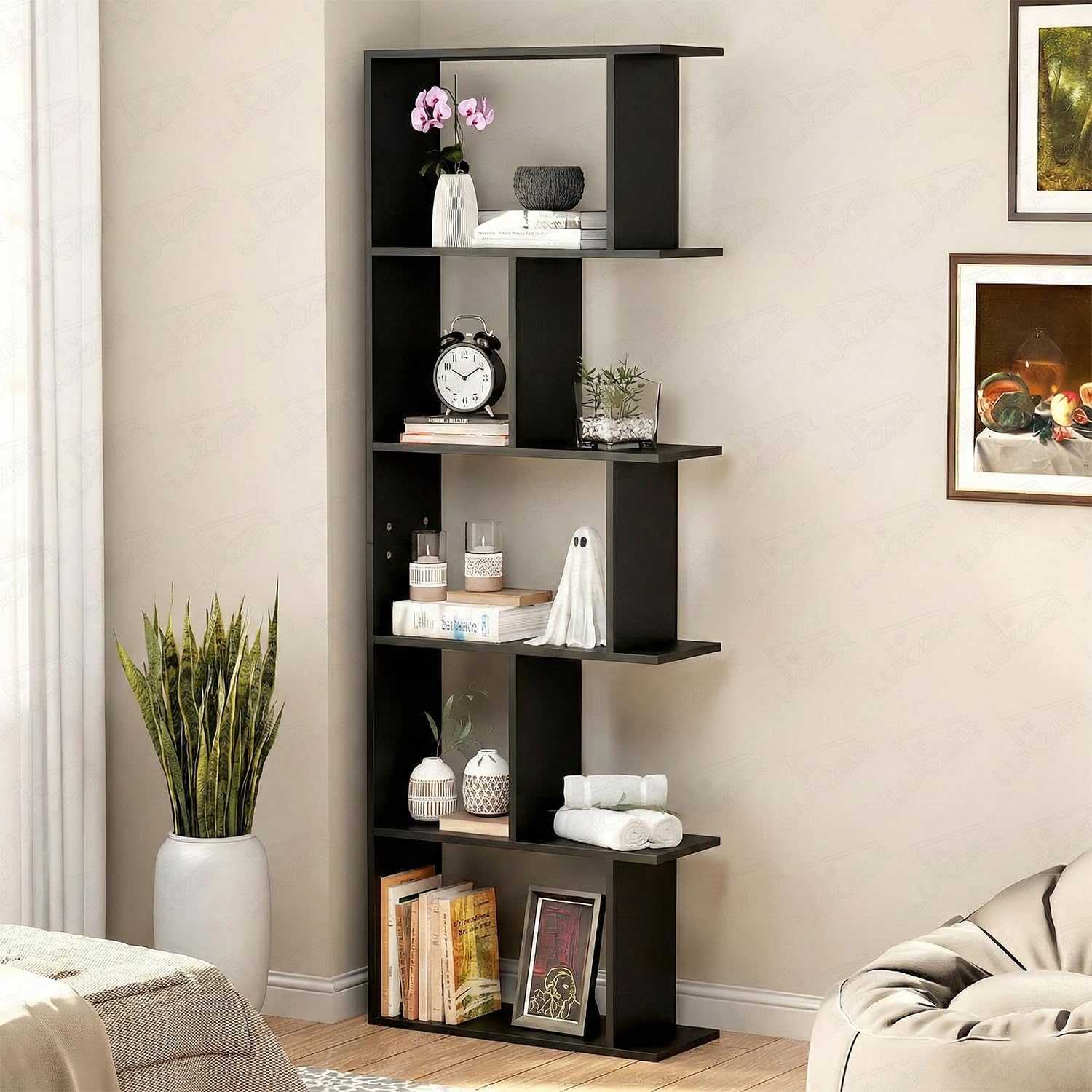 Lukzer 5 Layer Multi-Purpose Engineered Wood Open Bookshelf for Home & Office | Space-Saving Organizer with Zigzag Open Shelves | Versatile Storage and Display Solution (MR-018/Black,180x24x62 cm)