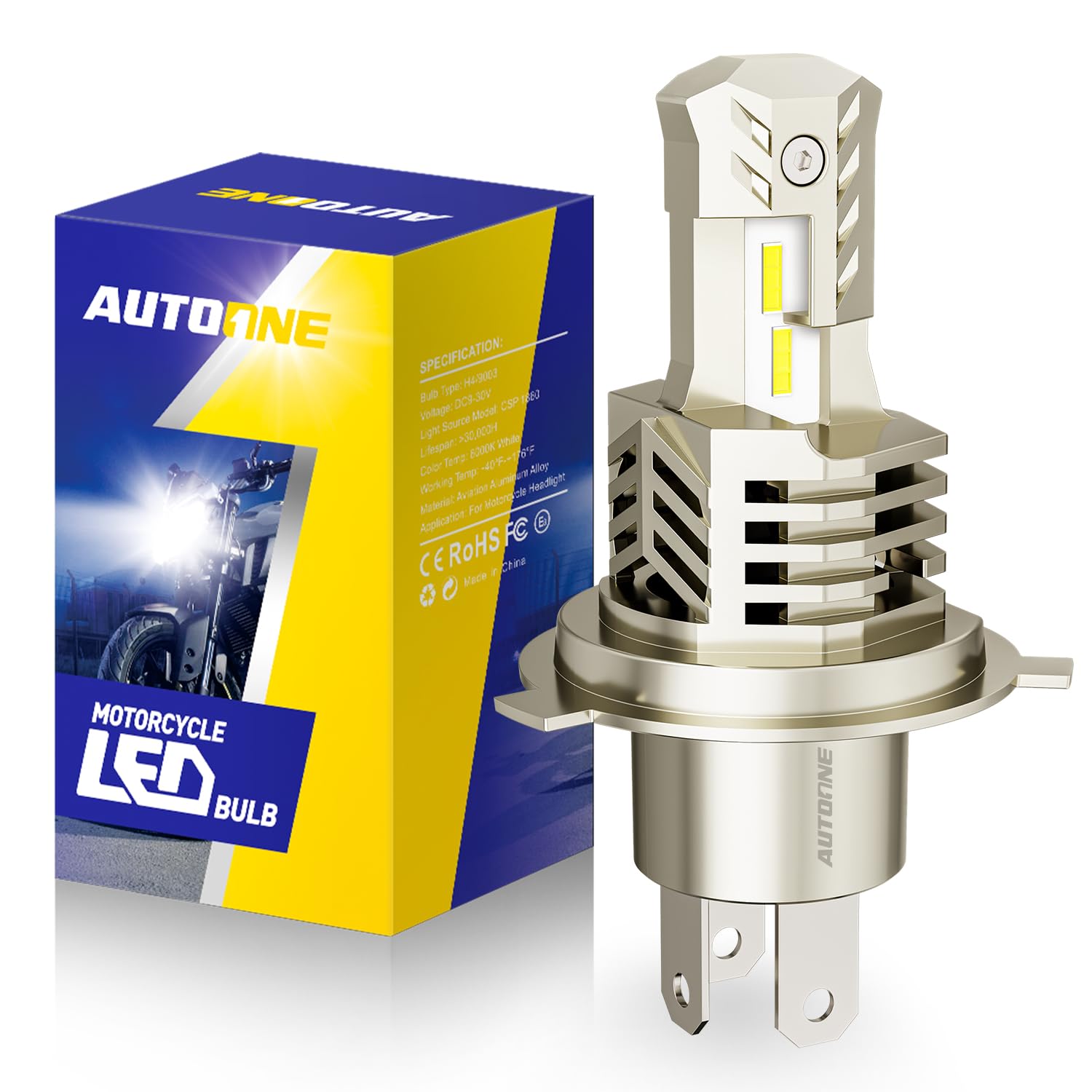 AUTOONE 9003/H4/HB2 LED Bulb for Motorcycle ATV Cars Off Road, 900% Brighter Plug-n-Play, Fan-Cooled Long Lifespan