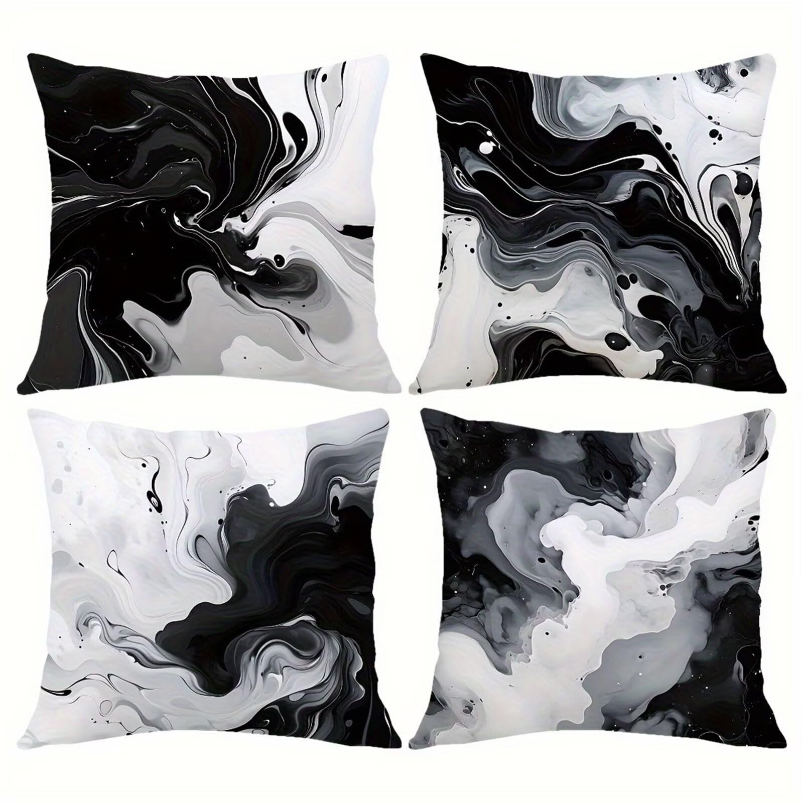 QiHon Cushion Covers 60x60 cm Set of 4 Grey Black Marble Linen Square Pillow Cases 24x24 inch Modern Decorative Throw Pillow Covers for Sofa Couch Bedroom Home Office with Invisible Zipper