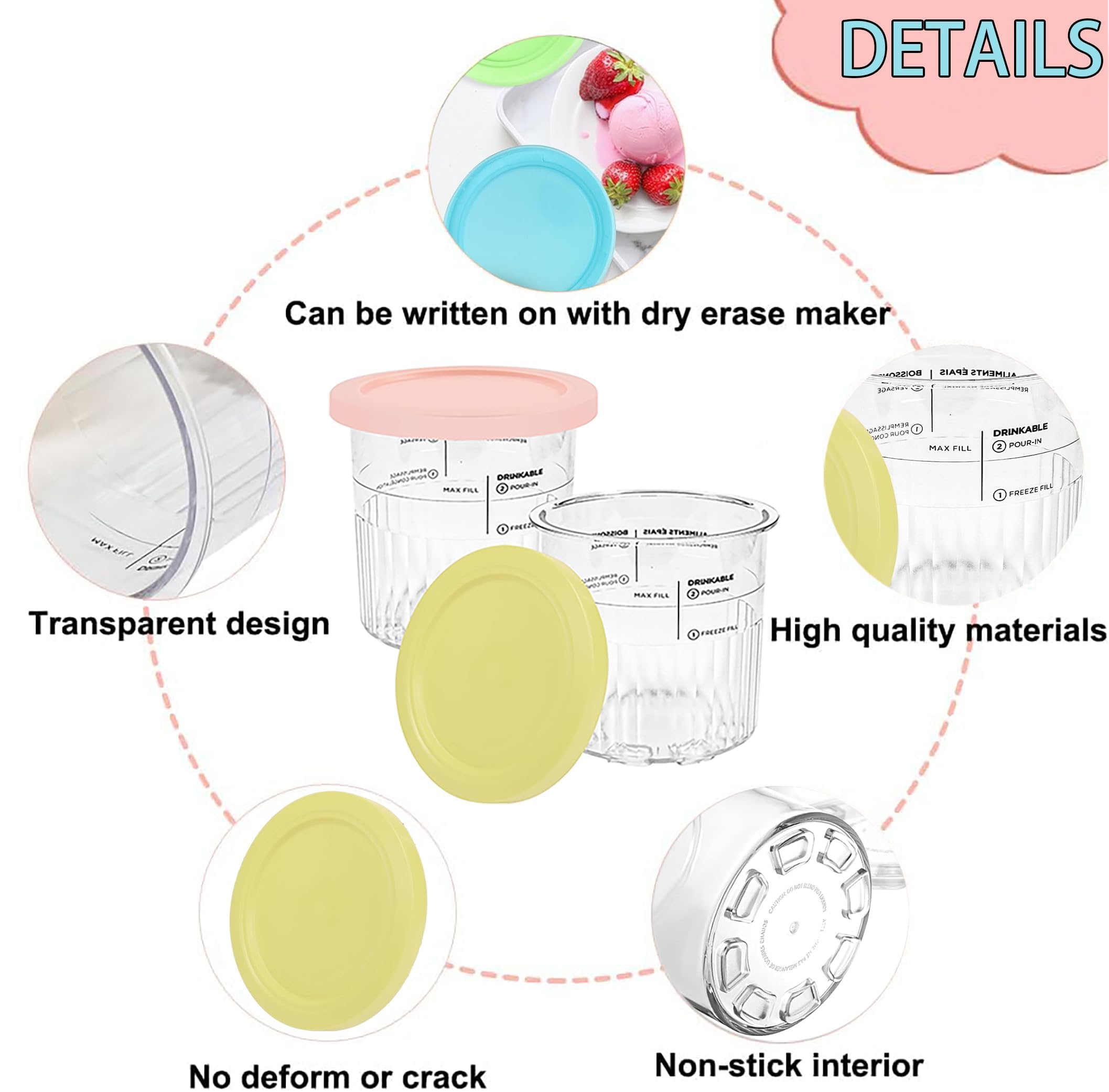 4 Pezzi Contenitori per Gelato per Ninja Creami,Vaschetta Contenitore Gelato,Vaschette per Gelato Riutilizzabili,Vaschette per Gelato con Coperchi y 4 cucchiai