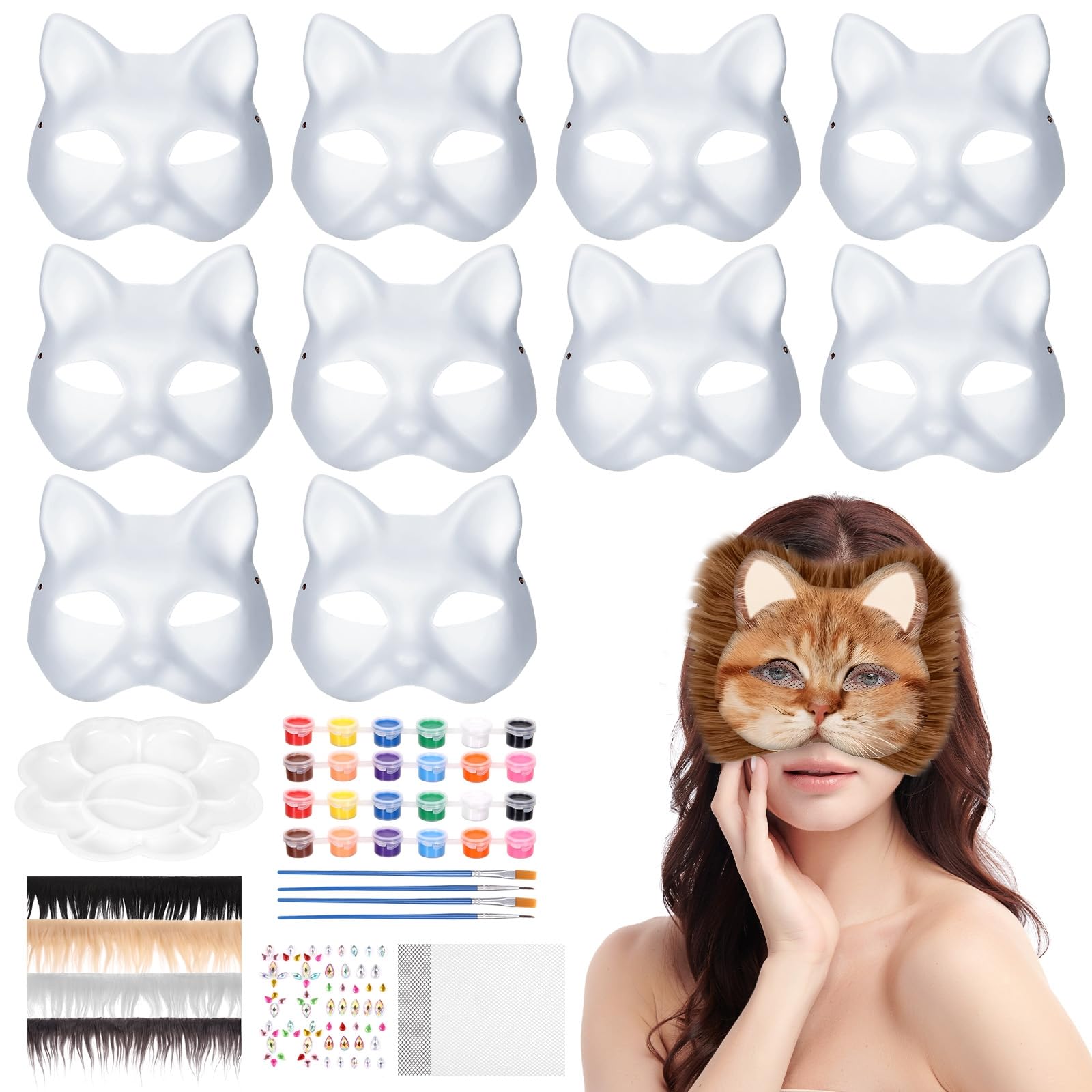 Starvortex 10 Pezzi Maschera Gatto Fai Da Te, Kit Completo con Colori Acrilici e Pelliccia Sintetica per Therian Mask, Maschere da Gatto Personalizzabili per Halloween, Carnevale, Cosplay