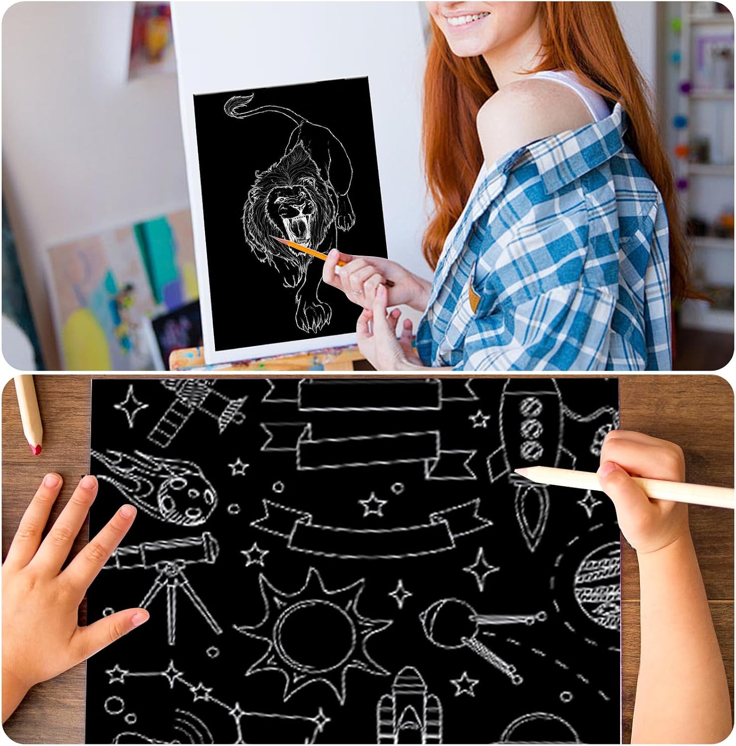 HINGTAI 30Pcs Scratch Art Set for Kids & Adults, Black Coated Scratchboard with Wooden Stylus, DIY Craft Supplies (White Effect, 11.4x8.2 inches)