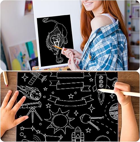 Miniatura 5 de Juego de 30 piezas de arte rascador para niños y adultos, rascador recubierto de negro con lápiz de madera, suministros de manualidades (efecto