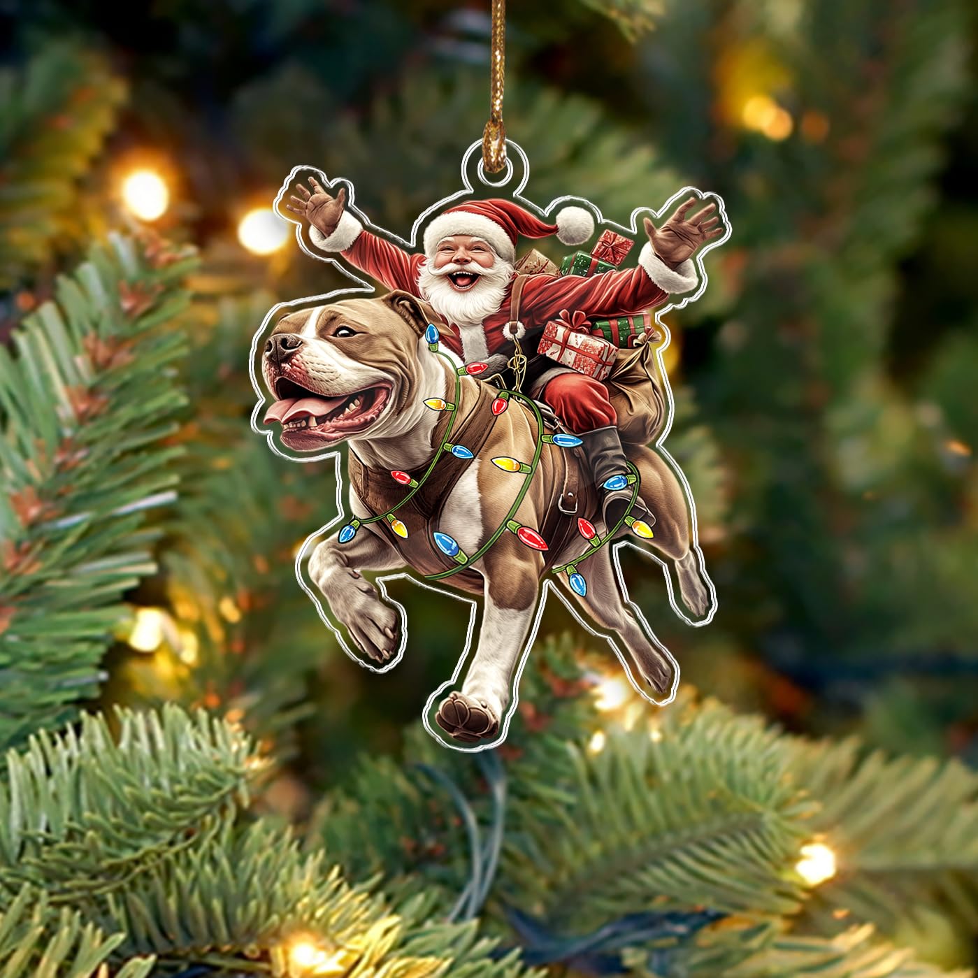 BEETHIS Funny American Staffordshire Terrier Santa Christmas Ornament 2026 โ 2D Flat Acrylic Santa and Dog Car Hanging Ornament โ Hilarious for Dog Lovers โ Unique Xmas Decor 3.5'' โ image 1