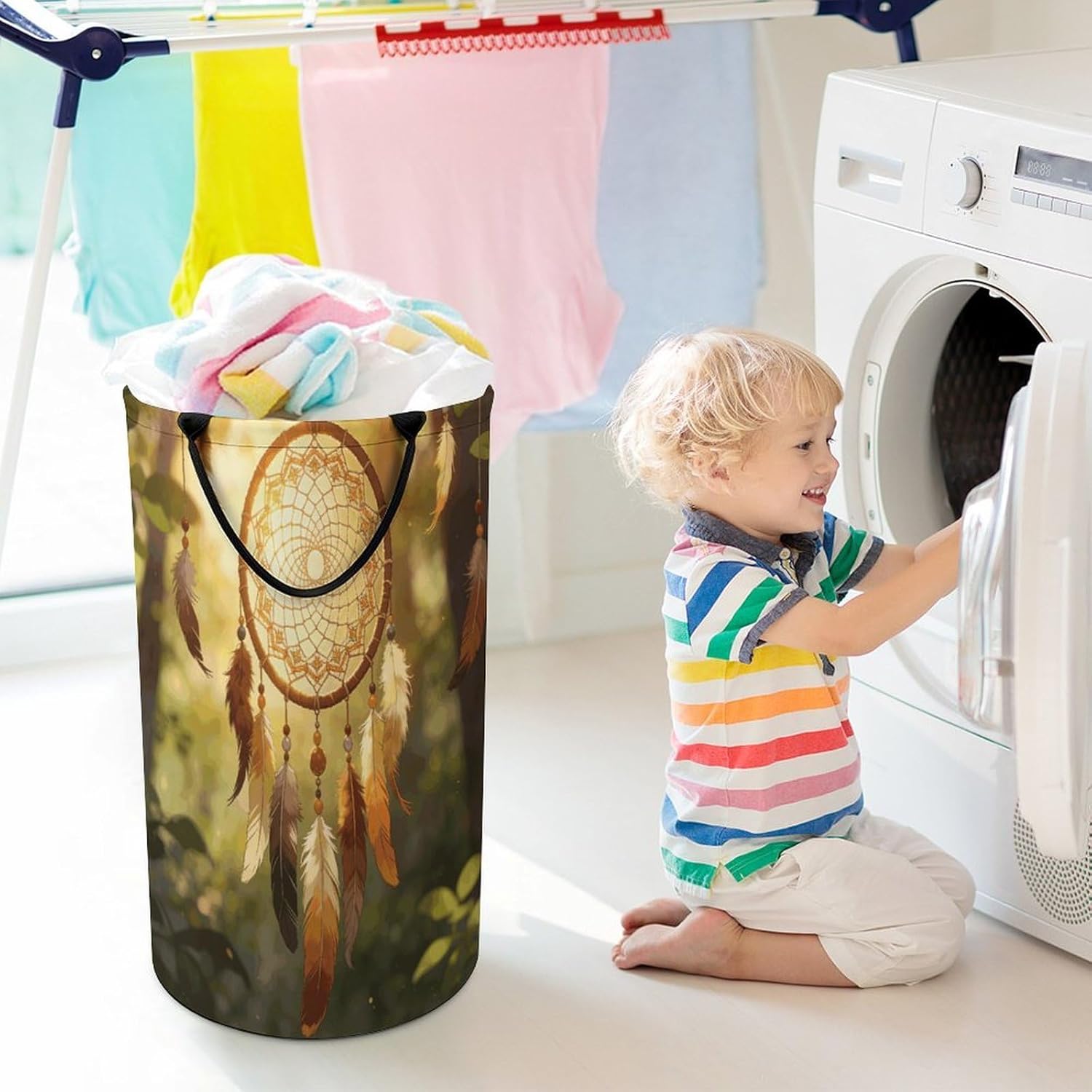 Dream Catcher Laundry Hamper 86L Waterproof Collapsible Clothes Basket with Double Handles Freestanding Foldable Laundry Basket Large Clothes Hamper for Bathroom