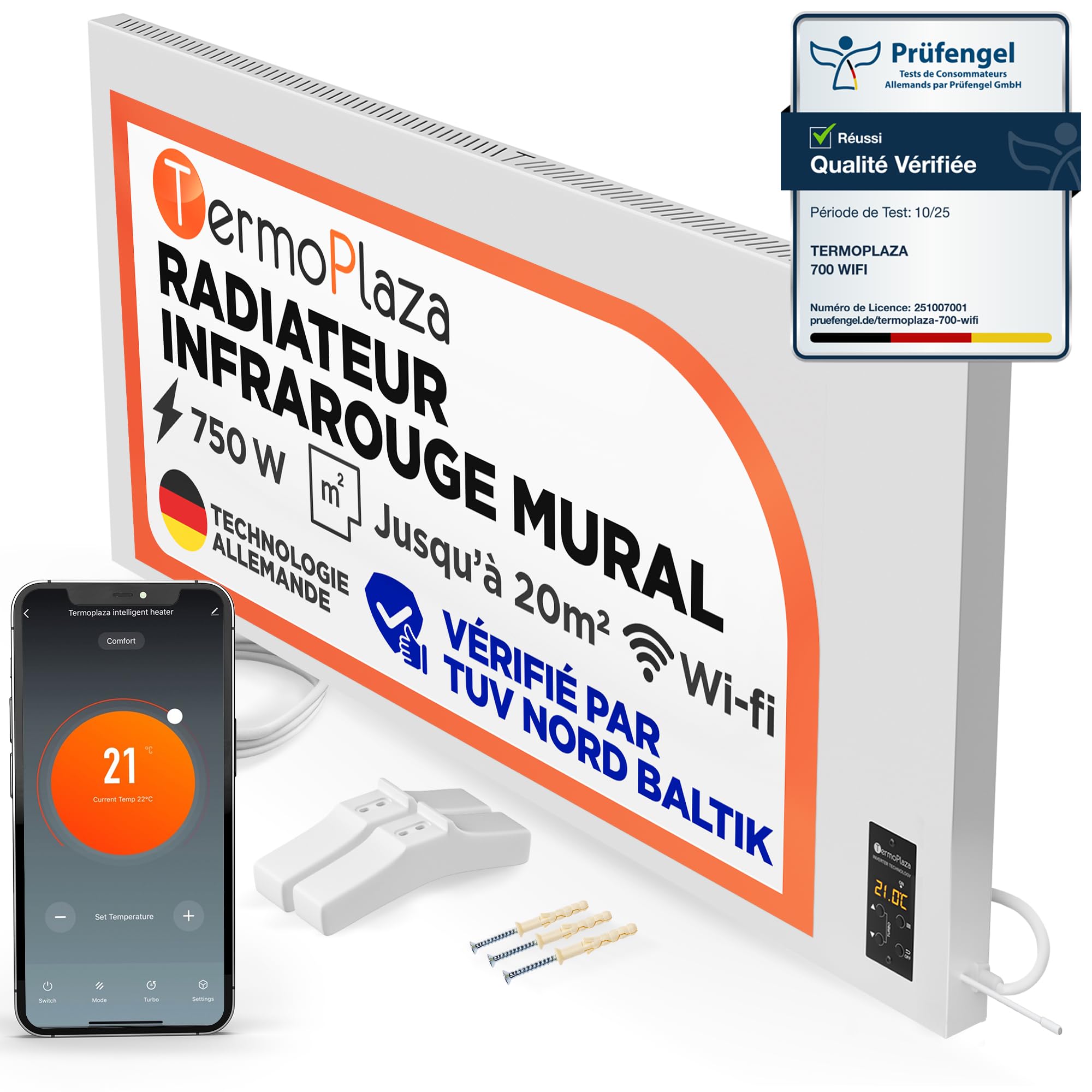 Termoplaza Radiateur Infrarouge Électrique WiFi 750W jusqu’à 20 m² Mural