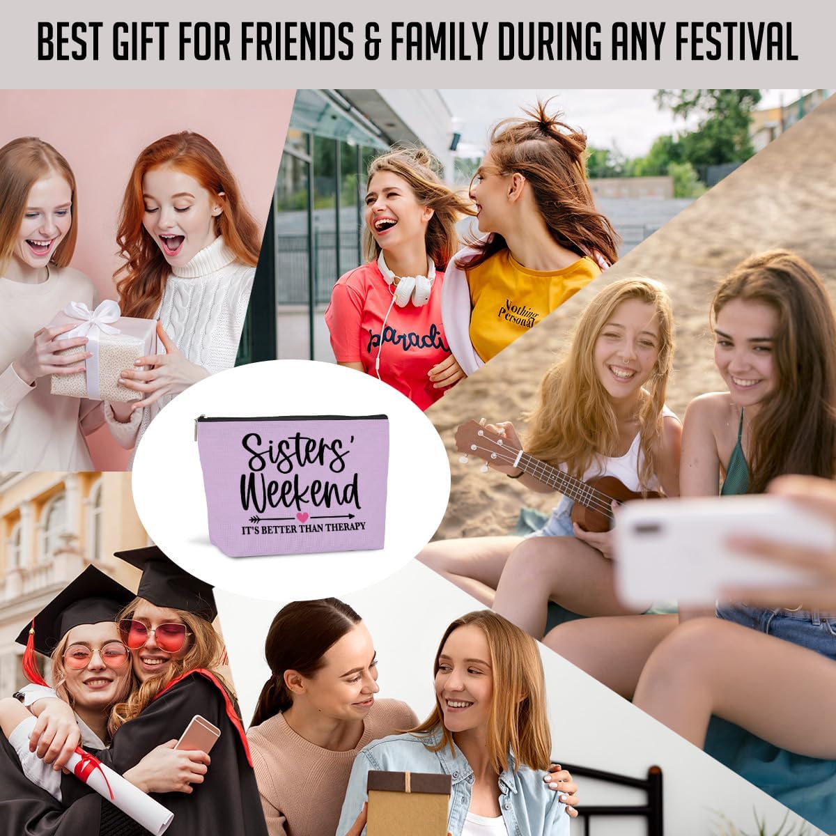 6 PCS Sister Gifts Girls Trip Gifts Favors Girls Trip Makeup Bag Girls Weekend Gifts for Women Girls Weekend Gifts Ideas for Friend Cosmetic Bag Weekender Bag for Women Christmas Holiday Vacation - Image 6
