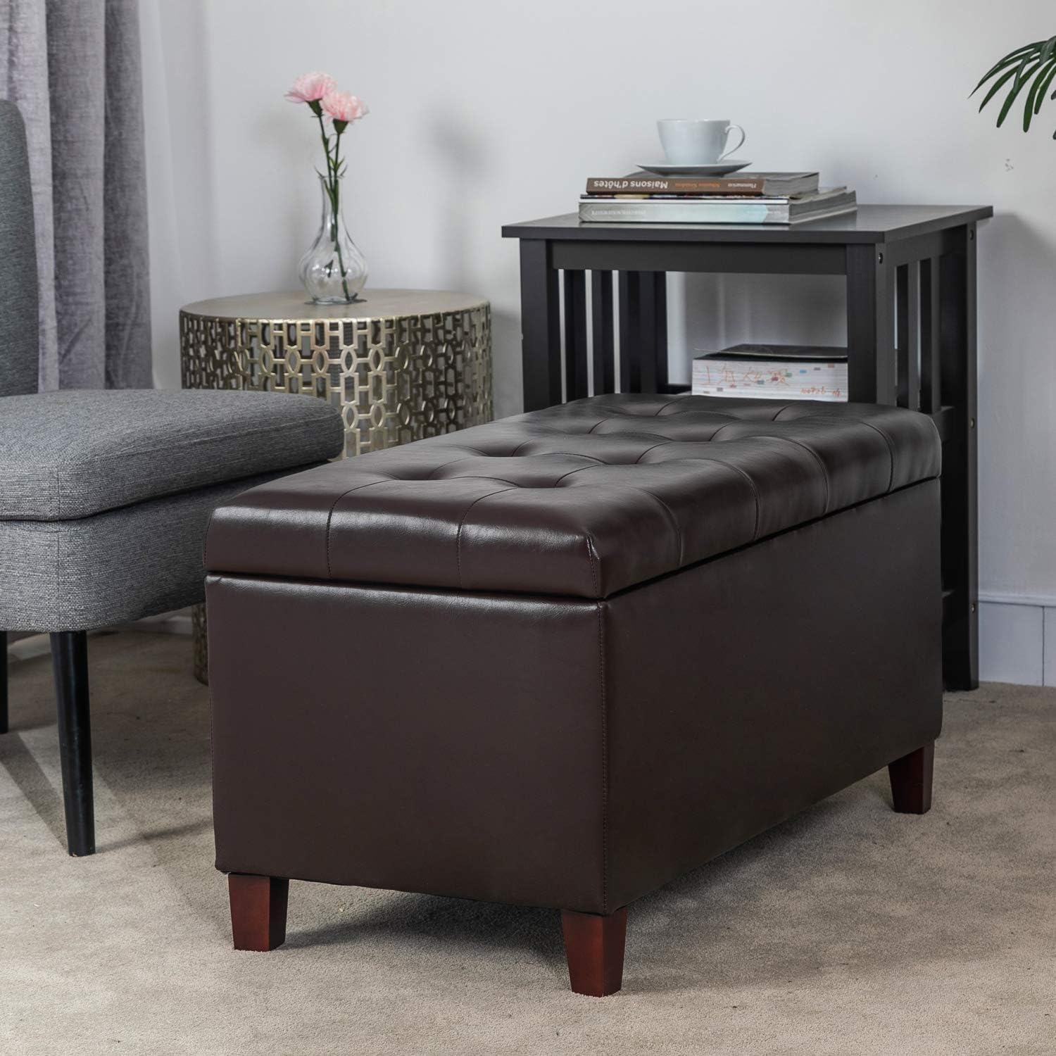 Asense Storage Ottoman Bench, 33" Faux Leather Upholstered End of Bed Bench with Safety Hinge,Wooden Legs,for Entryway Bedroom Living Room,Chocolate Brown