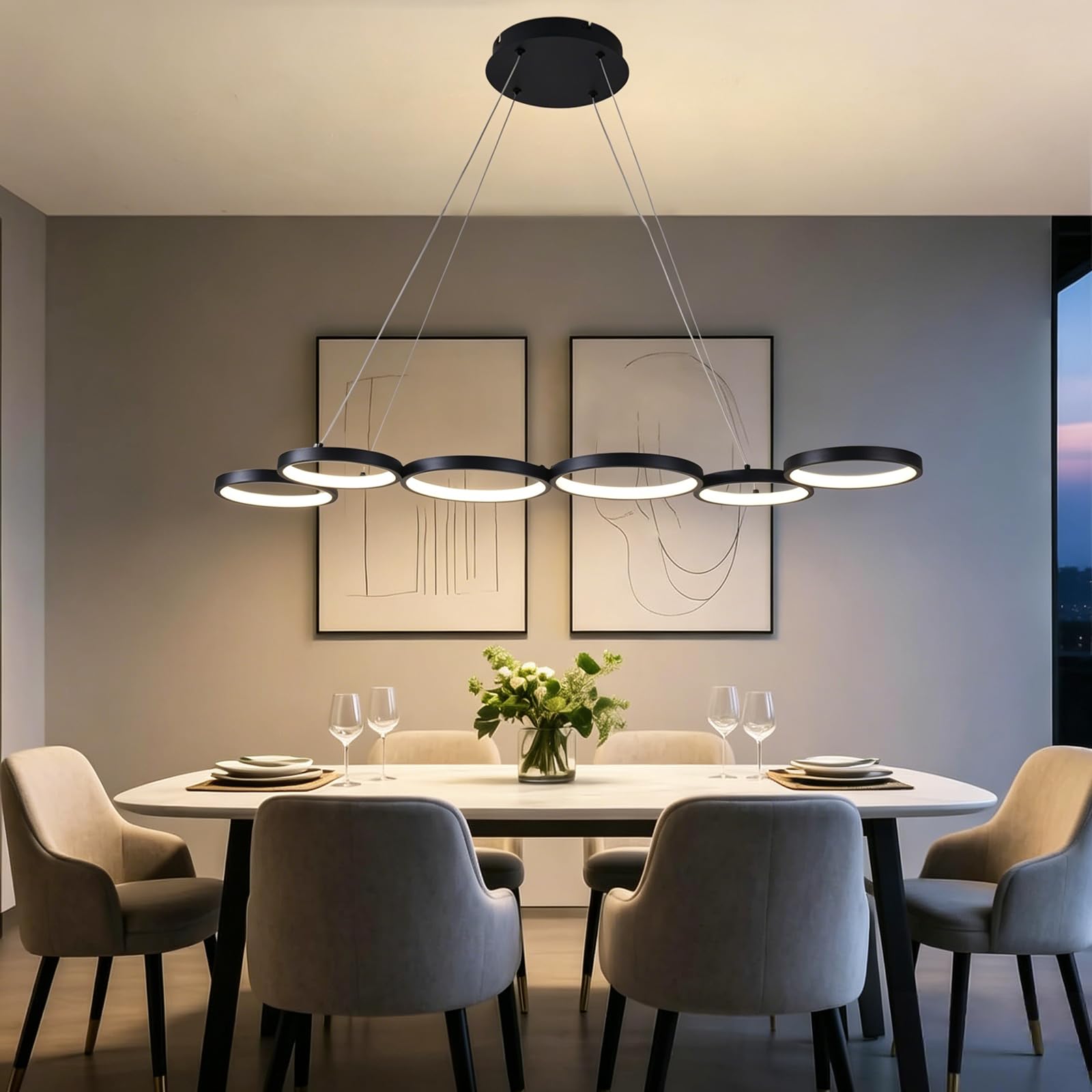 Lampada a Sospensione LED Dimmerabile 113cm 69W Nero | Lampadario Moderno Design a 6 Anelli con Telecomando, Altezza Regolabile Lampada Sospesa per Tavolo da Pranzo, Soggiorno
