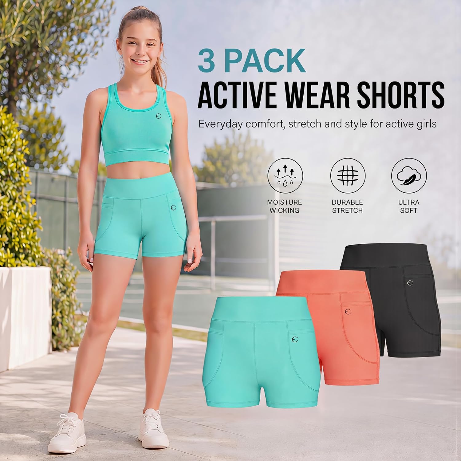 Girls High Waisted Biker Shorts with Pockets 3-Pack