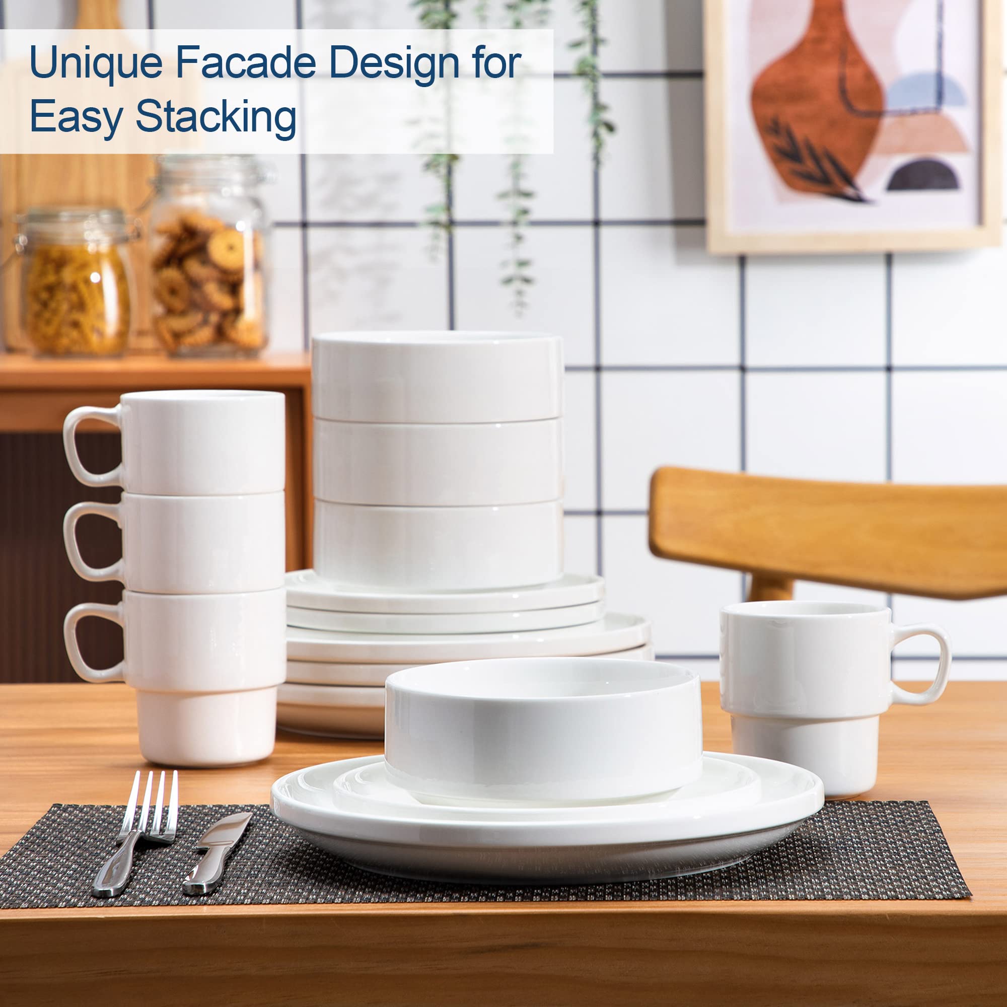 LOVECASA, Série SWEET, 32 Pcs Service de Table Porcelaine en Forme de Bord Debout, Service Complet Empilable pour 8 Personnes, Assiette Plate, Assiette à Dessert, Bols, Tasse Mug - Blanc