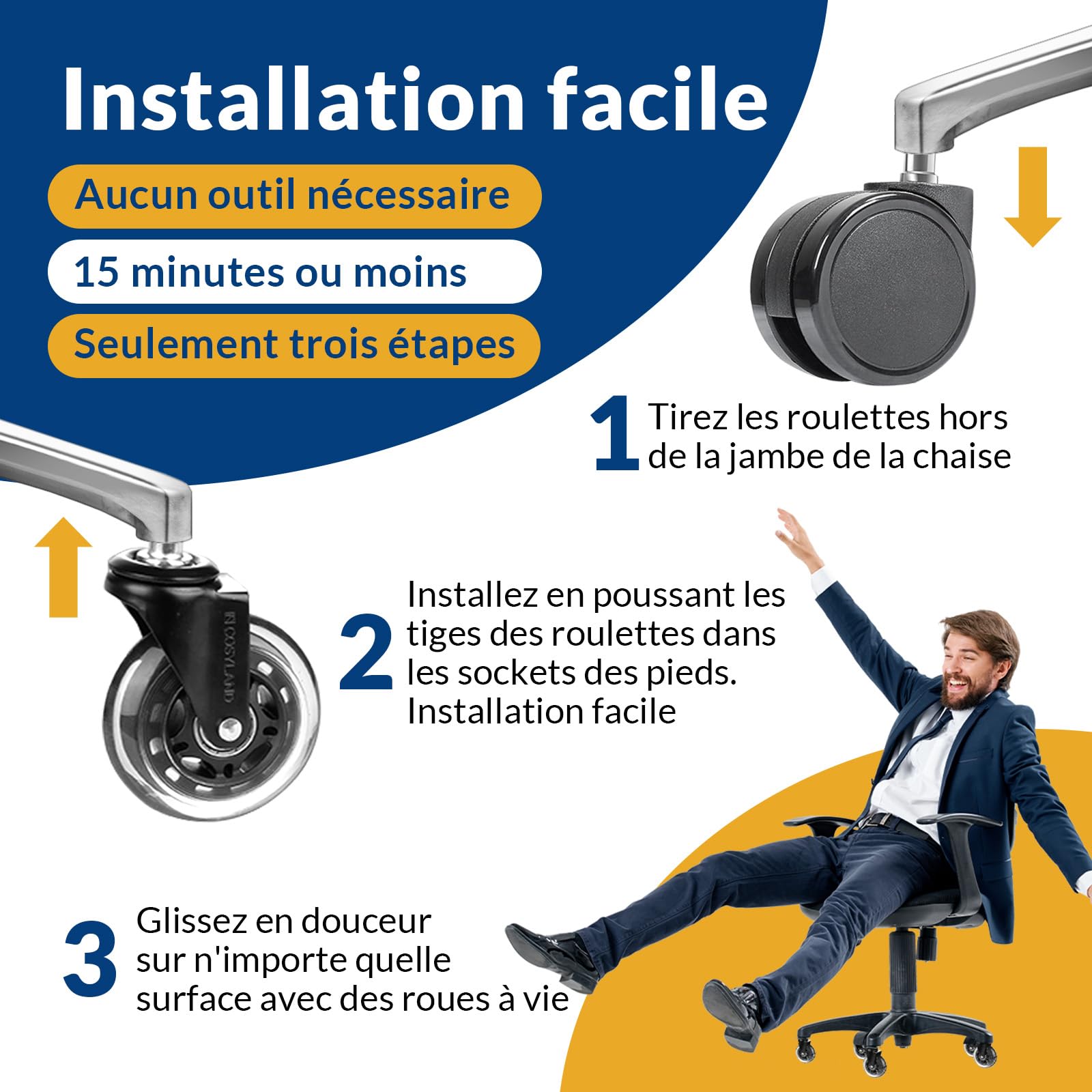 COSYLAND Lot de 5 roulettes pour chaise de bureau, 11 x 22 mm, pour chaises de bureau, résistantes, parquet, très silencieuses, compatibles avec 99% des chaises de bureau
