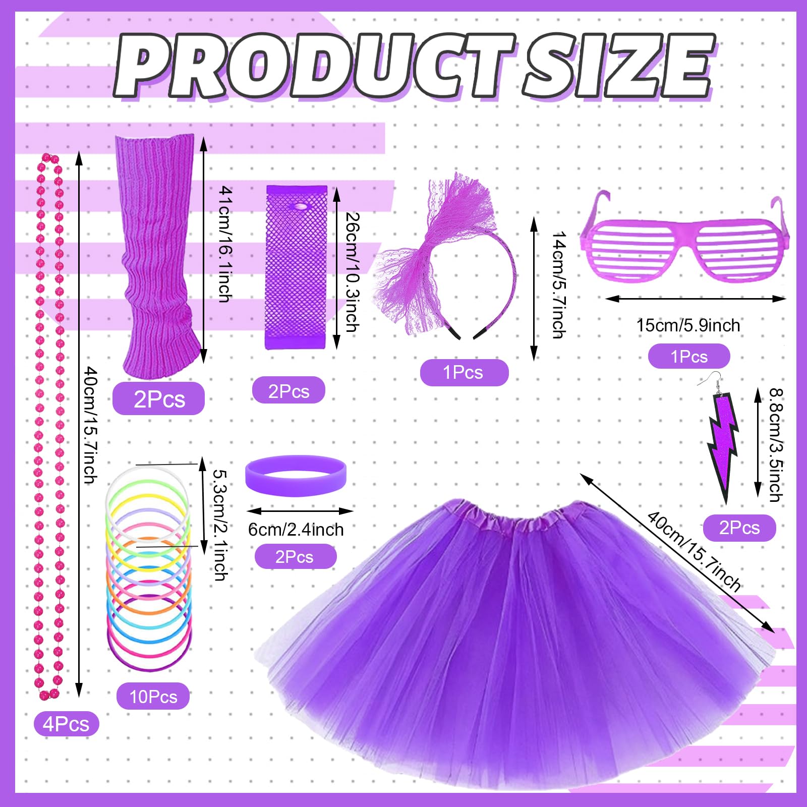 10Pcs 80s Accessories Set for Women, Retro Fancy Dress with Tutu Skirt Leg Warmers Fishnet Gloves Earrings Lace Headband Glasses Bracelet for Girls 1980s Costume Outfit Hen Do Party (Purple, M) - Image 2