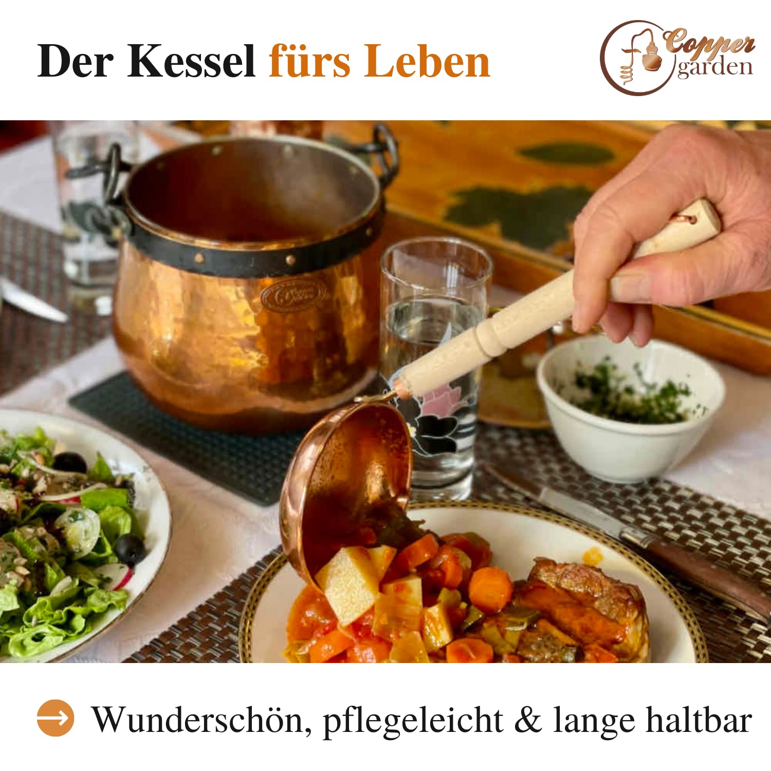 CopperGarden Kupferkessel 10 Liter I Hexenkessel mit Henkel & Deckel I Handgeschmiedeter Kessel aus blankem Kupfer I ideale Wärmeleitung I Feuerkessel zum Kochen I für Gas & Elektroherd geeignet