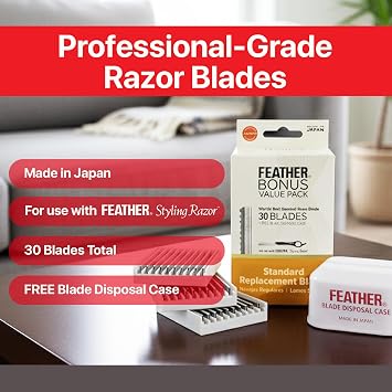 Feather Bonus Value Pack - Styling Razor Standard Blades - Professional Hair Cutting Blades for Styling, Shaping, Thinning - Single Edge Guarded Blade -Made in Japan- 30 Counts + 1 Blade Disposal Case