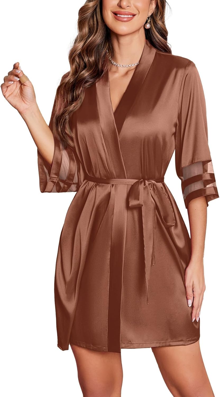 Ekouaer Women's Satin Robe Silk Kimono Bathrobe Bridesmaid Wedding Bridal Party Robes 3/4 Bell Sleeve Sleepwear S-XXL