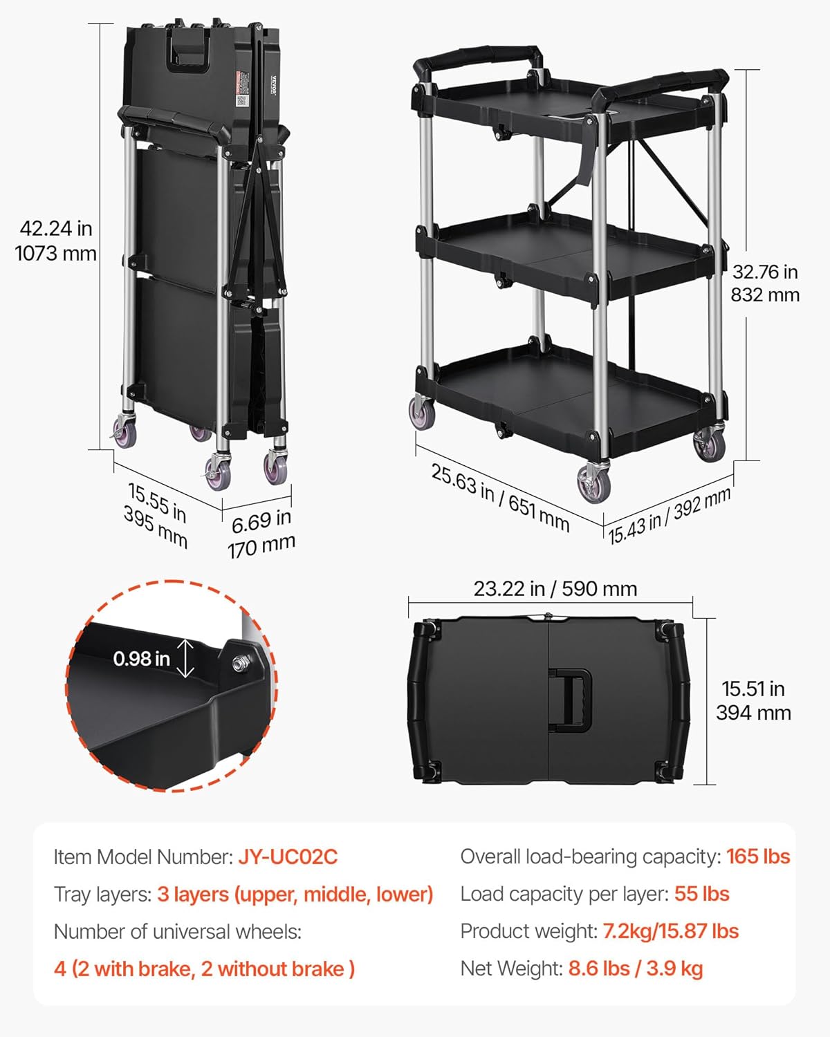 VEVOR Foldable Utility Service Cart, 165LBS 3 Shelf Heavy Duty Plastic Rolling Cart with 360° Swivel Wheels (2 with Brakes), Ergonomic Handle, Portable Garage Tool Cart for Warehouse Office Home