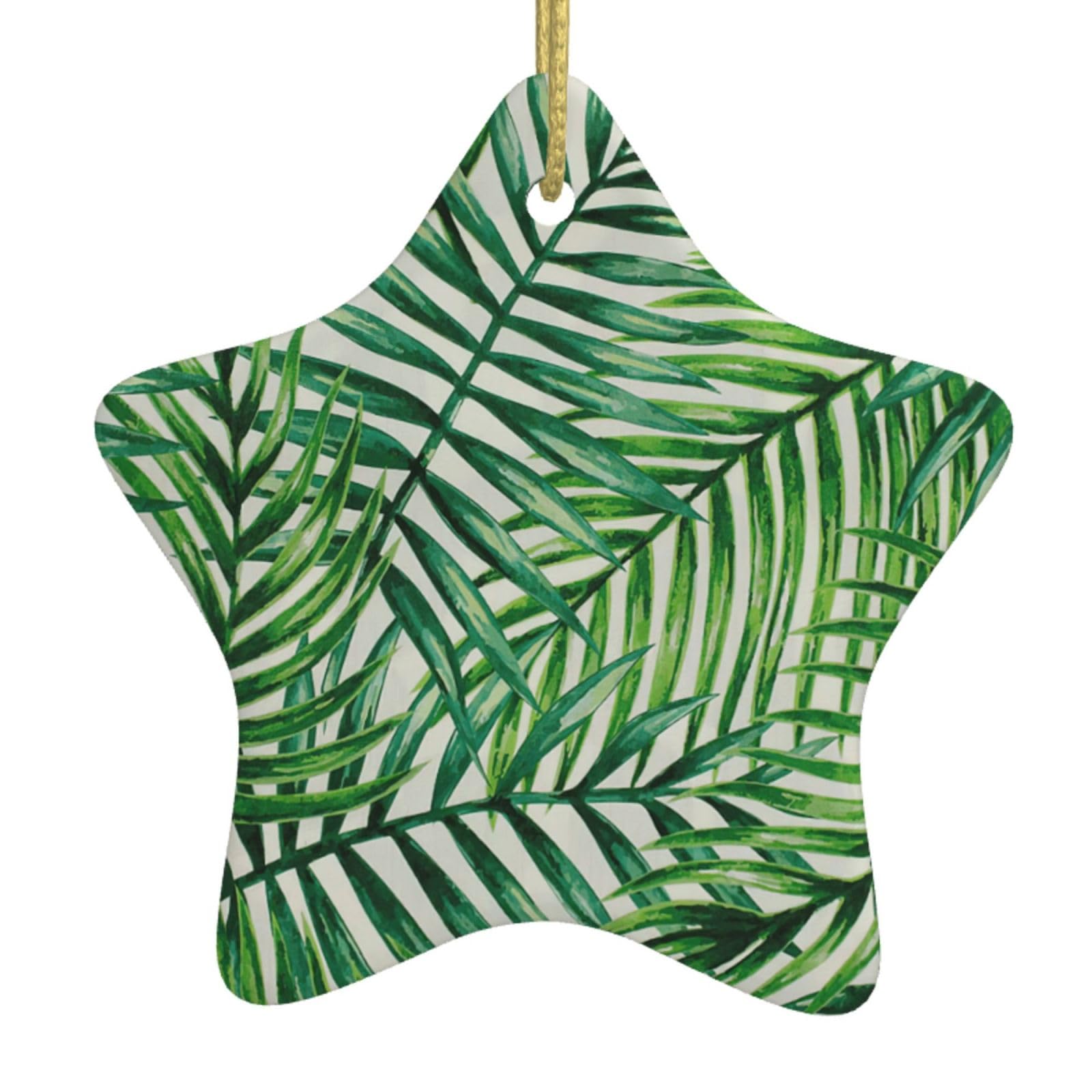 Nbtghga White Banana Leaf Green Print Christmas Ornaments, Ceramic Hanging Ornament, Round Shape Decorations