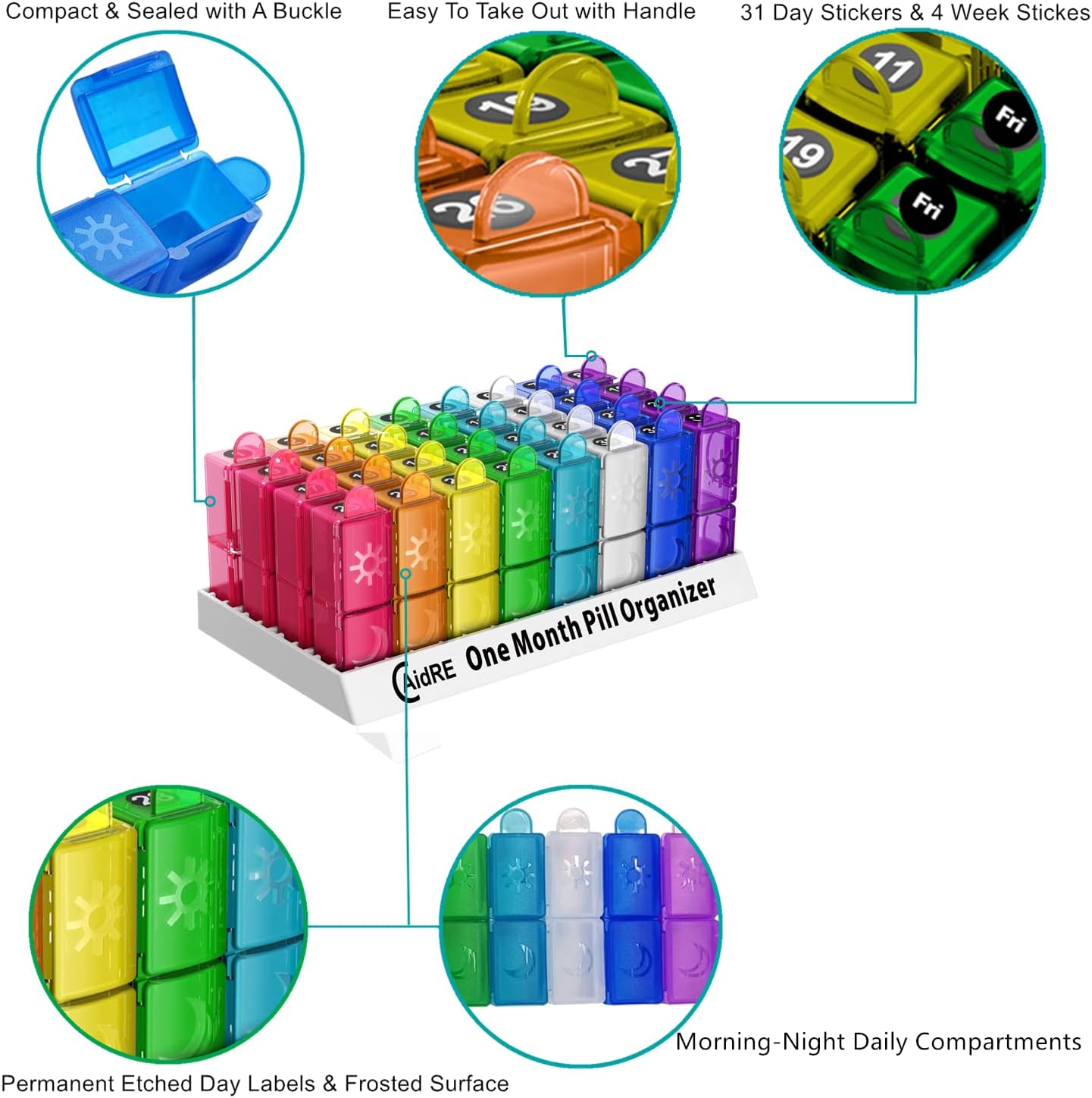 Monthly Pill Organizer, CAidRE 30 Day Pill Organizer 2 Times a Day, One Month Pill Box Organizer AM PM, Weekly Pill Holder for Fish Oil, Vitamins, Supplements