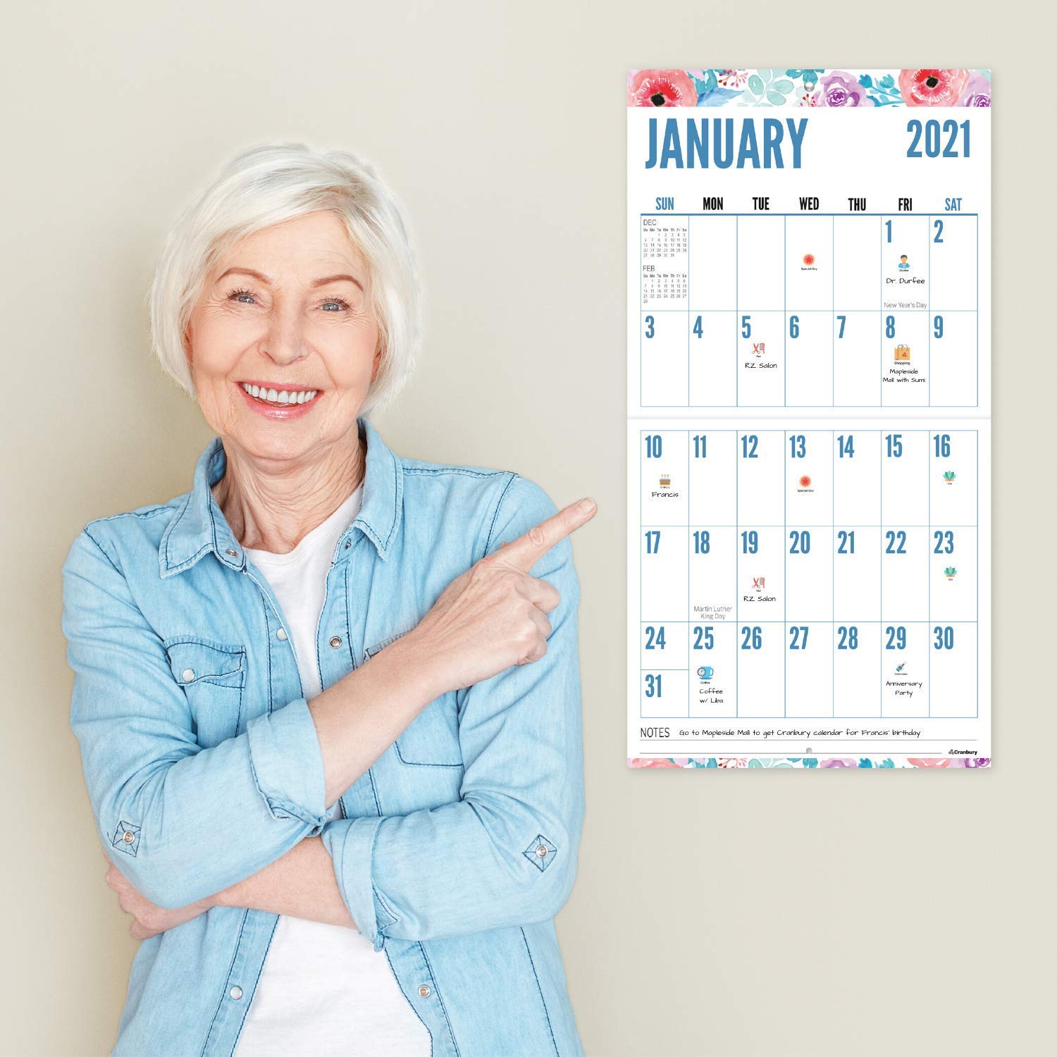 CRANBURY Large Print Calendar 2021 (Floral), 12x23 (Open), Use Now to