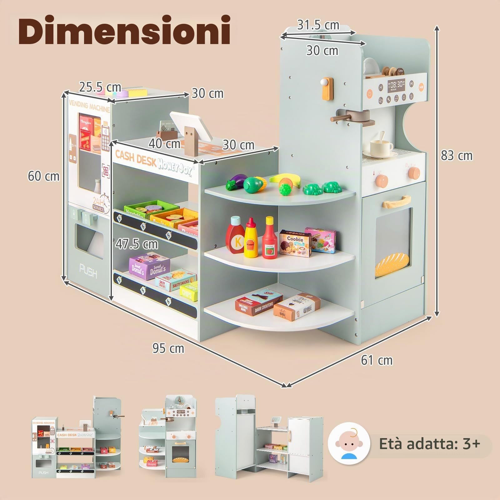 HOMASIS Supermercato Giocattolo per Bambini in Legno, Negozio Giocattolo per Bambini con Cassa Registratrice, Distributore Automatico e Macchina da Caffè per Bambini dai 3+ Anni