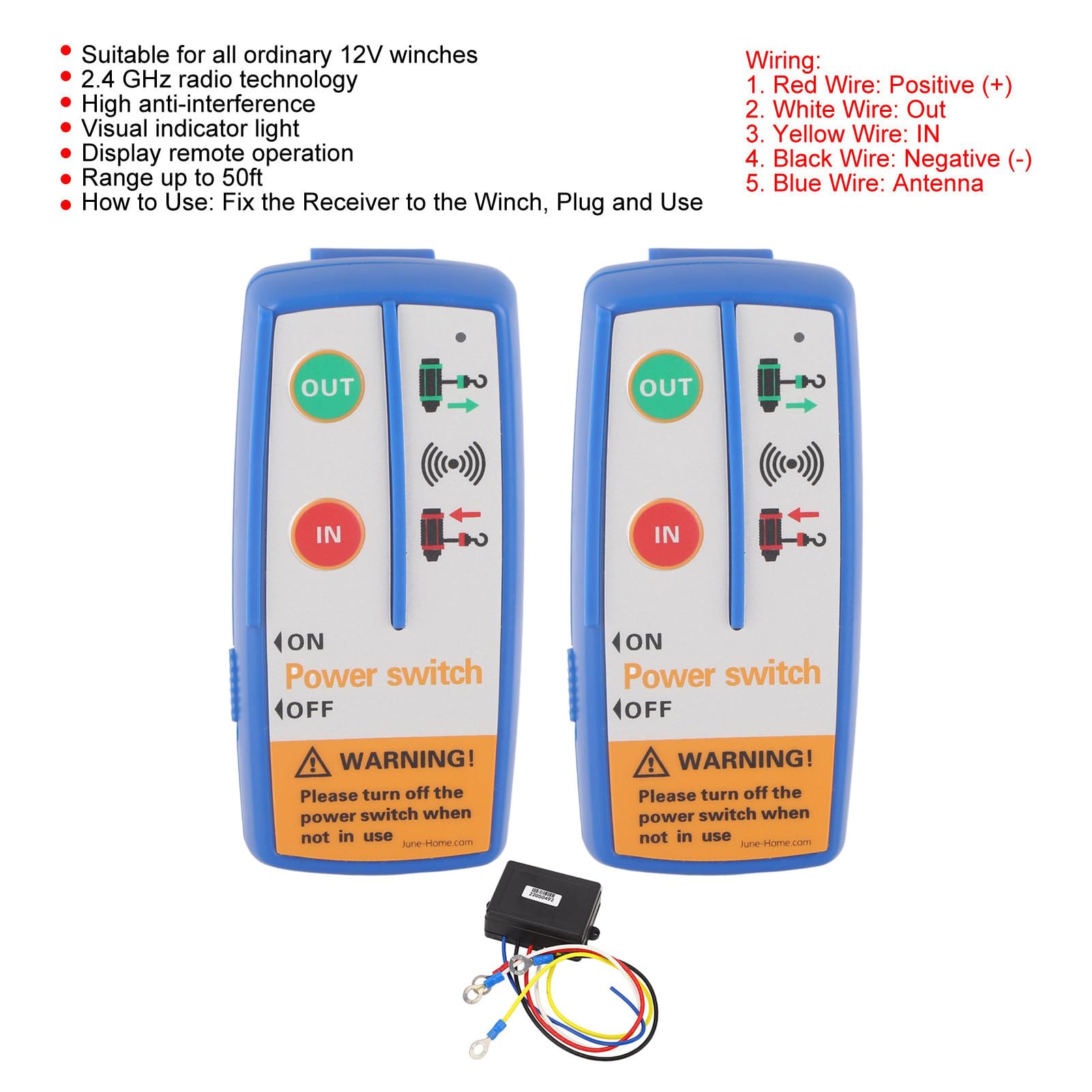 Draadloze Lierafstandsbediening 2 Stuks – 12V, 434 MHz, Bereik 15m, Universeel Voor ATV, Truck, En Vele Lier Merken (Warn, Ramsey, Smittybilt, Gorilla, Bulldog)