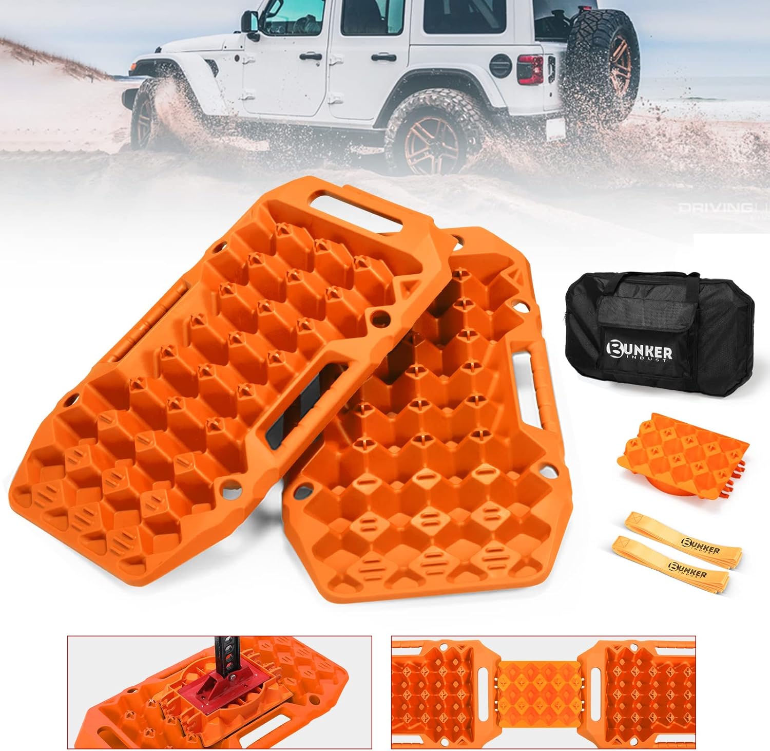 BUNKER INDUST Offroad Traction Boards with Jack Base,Multifunctional Extendable Recovery Track Tire Traction Mat Snow Mud Sand Tracks-4X4 ATV UTV SUV Truck Traction Pads with Bag, Orange (Gen 8)