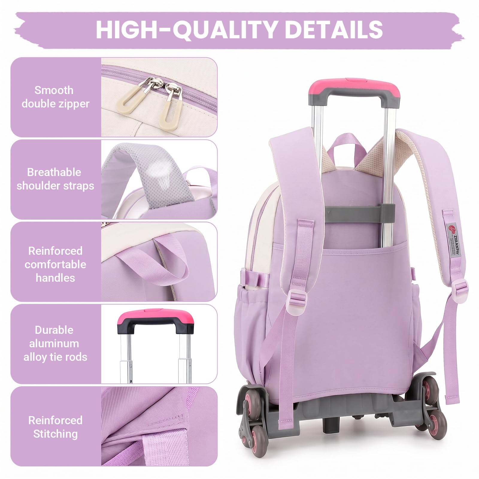 IvyH Zaino scolastico con trolley per ragazze, zaino con ruote per adolescenti, set 2 in 1 con zaino rimovibile e trolley con 6 ruote, per scuola elementare e media, Lilla, Mittelgroße, Classico