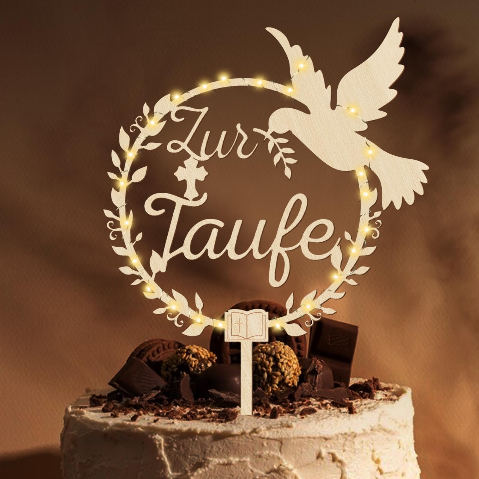 Giftota Cake Topper zur Taufe aus Holz mit LED Lichterkette, Zur Taufe Tortendeko für Mädchen, Junge