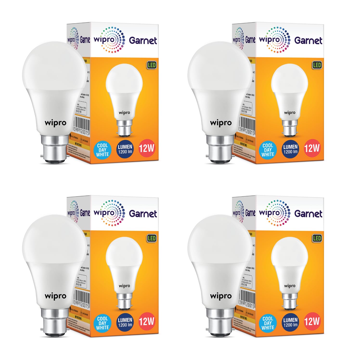wipro Garnet Base B22 12-Watt LED Bulb (Cool Day Light) - Pack of 4