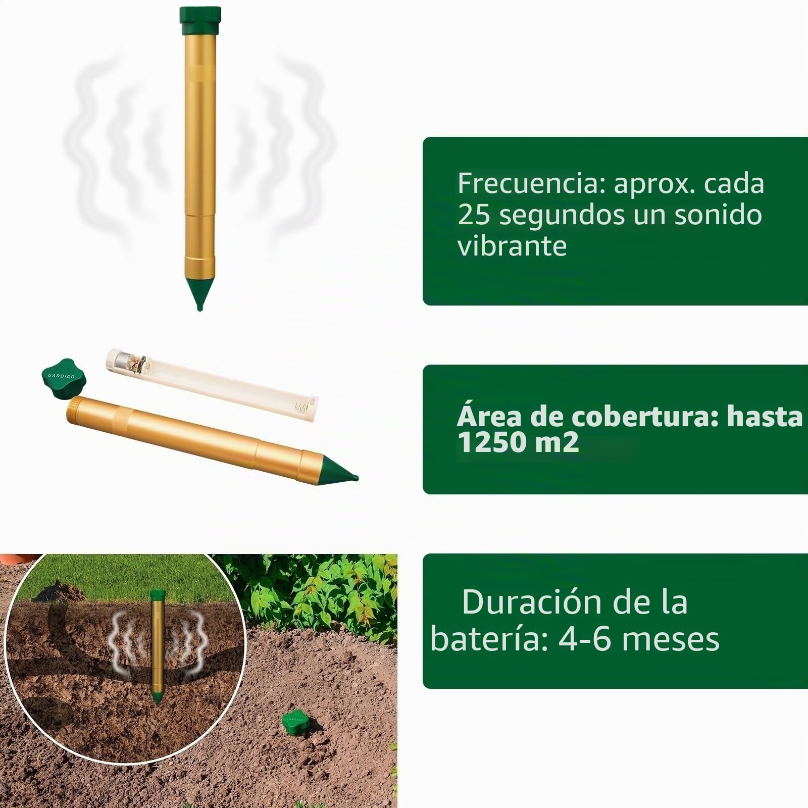 GARDIGO® Ahuyentador de Topos con Motor de Vibración - Juego de 2 | Aprox. 1250 m² | Anti Topos | Frecuencias Alternas | Repelente de Topos a Pilas Potente | Ahuyentador para Jardín Control de Plagas | Repelente antitopos con motor de vibración, frecuenci