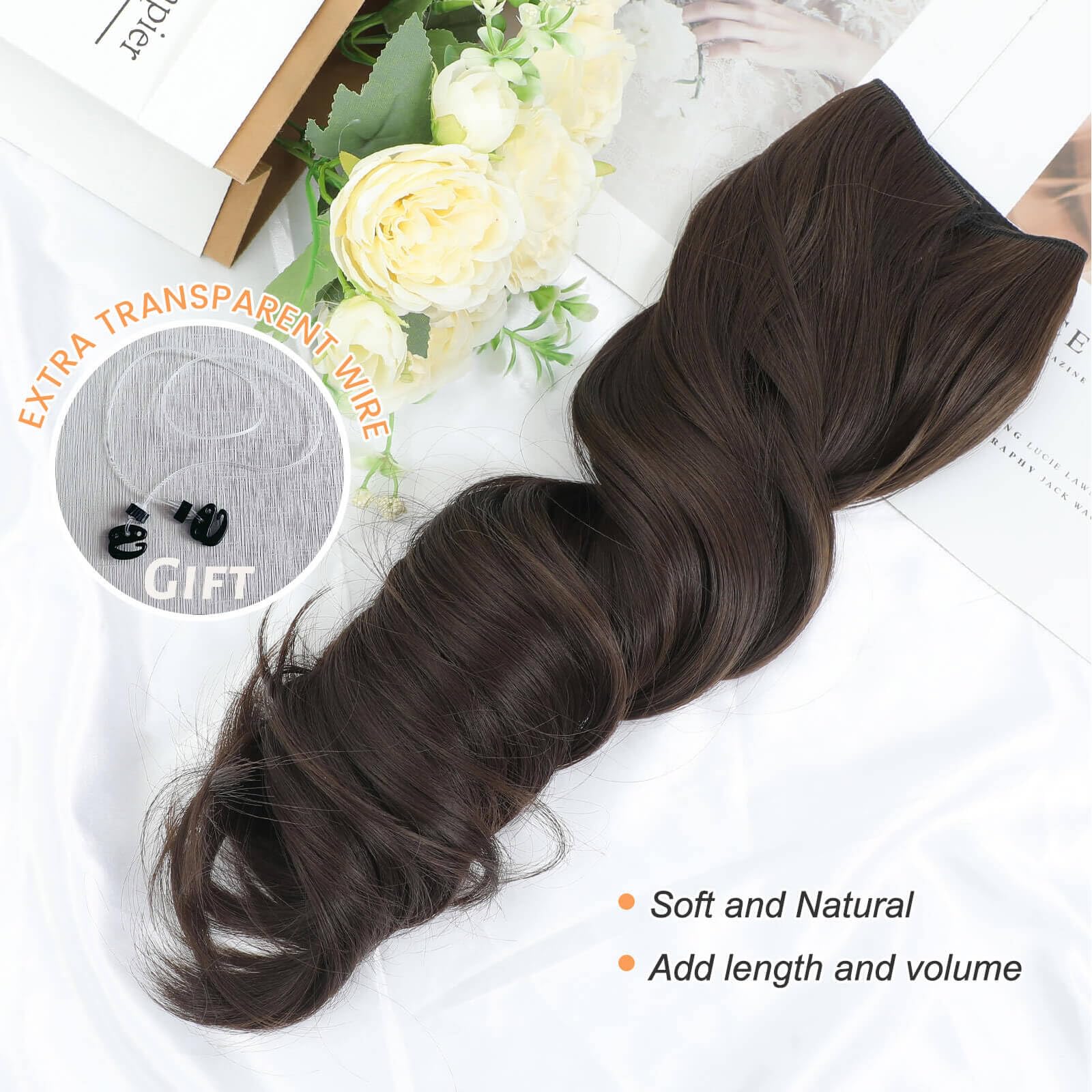 Flyroseing Body Wavy Halos Hair Extension, Natural Brown Hair Extensions - Image 3