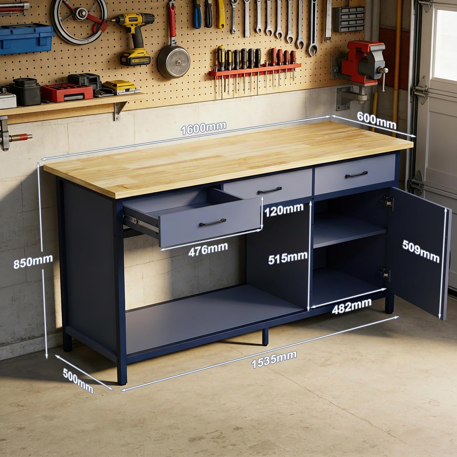 Jummico Werkbank bis 500 kg Belastbar 3 gleitfähige Schubladen 1 Offener Stauraum 25 mm Holzplatte Werktisch 160 x 60 x 85 cm