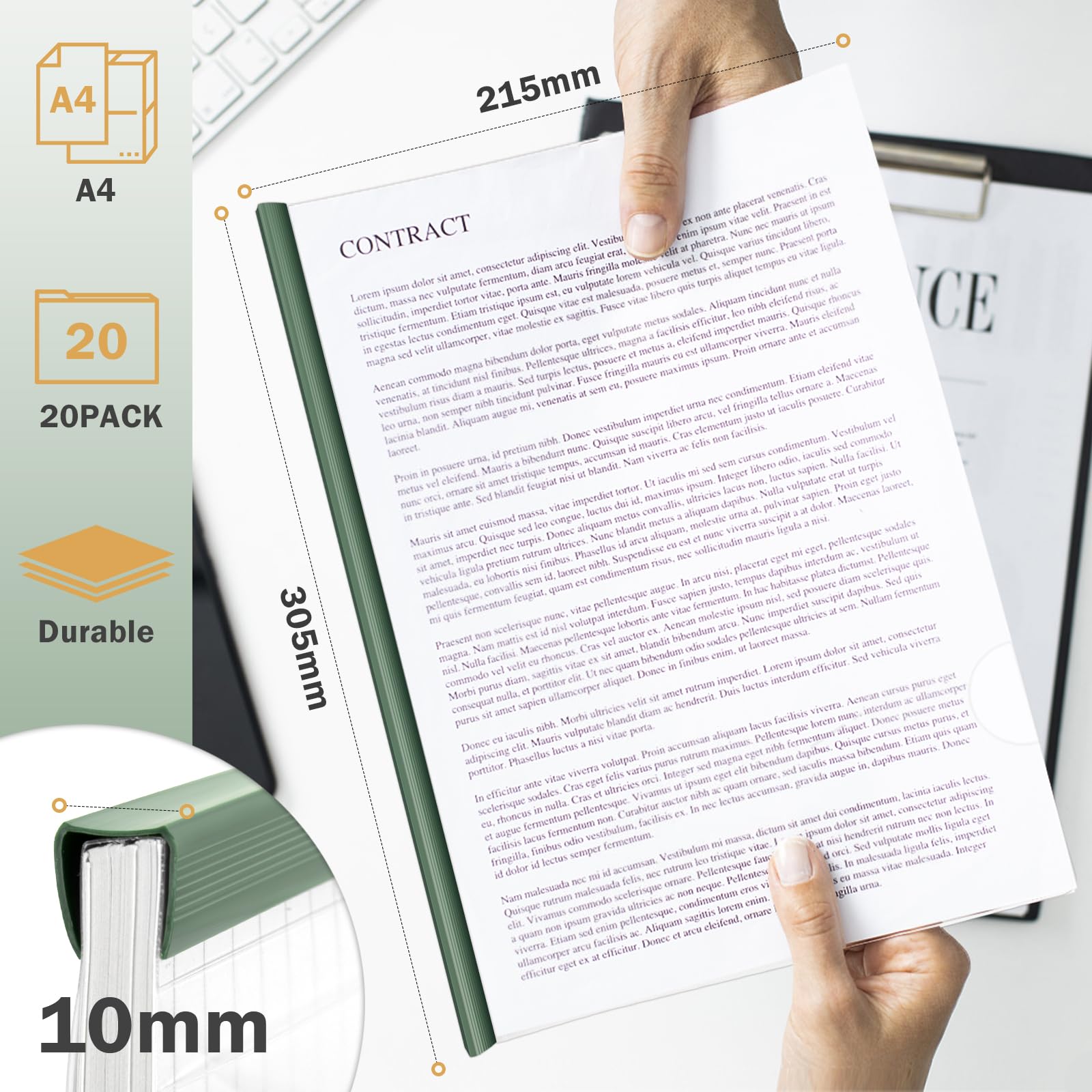 20 Pezzi Rilegatura Fogli A4, Cartella Di File Con Barra Scorrevole, Trasparenti Dorsini Rilegafogli A4, Larghezza Dorso 10 mm - Capacità 90 Fogli, per Casa, Scuola, Ufficio Documenti