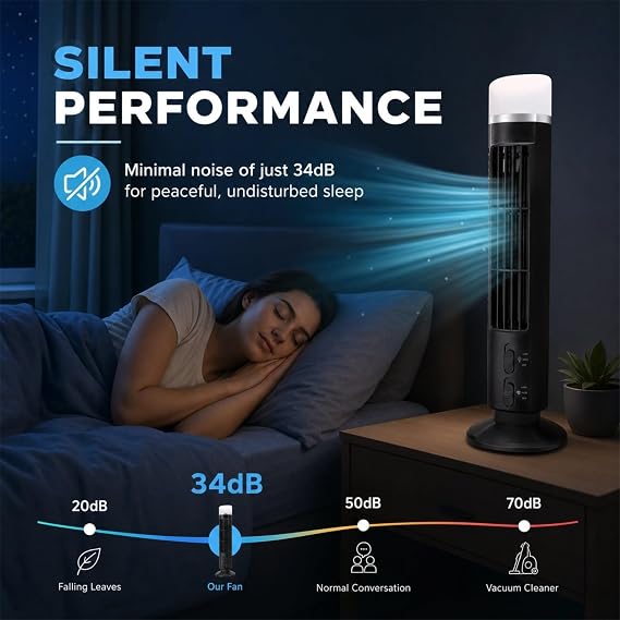 Tower Fan for Bedroom with Quiet Silent Performance Enhanced Air Circulation 90 Oscillating Standing Floor Fan for Home Office