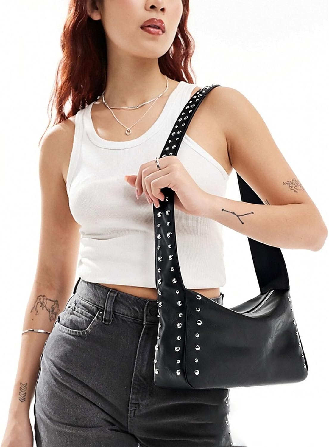 Studded Handbag for Women - Extended Shoulder Strap Design Y2k Shoulder Bag 90s 2000s Vegan Small Vegan Trendy Purse