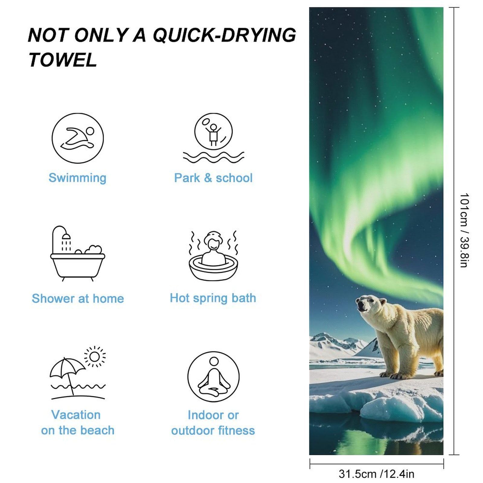 FHESDCW Northern Lights Polar Bear Towel Quick Dry Ice Towels for Hot Weather Breathable Camping Towels Sweat Super Absorbent Bathroom Towel for Gym Yoga Pilates Exercise