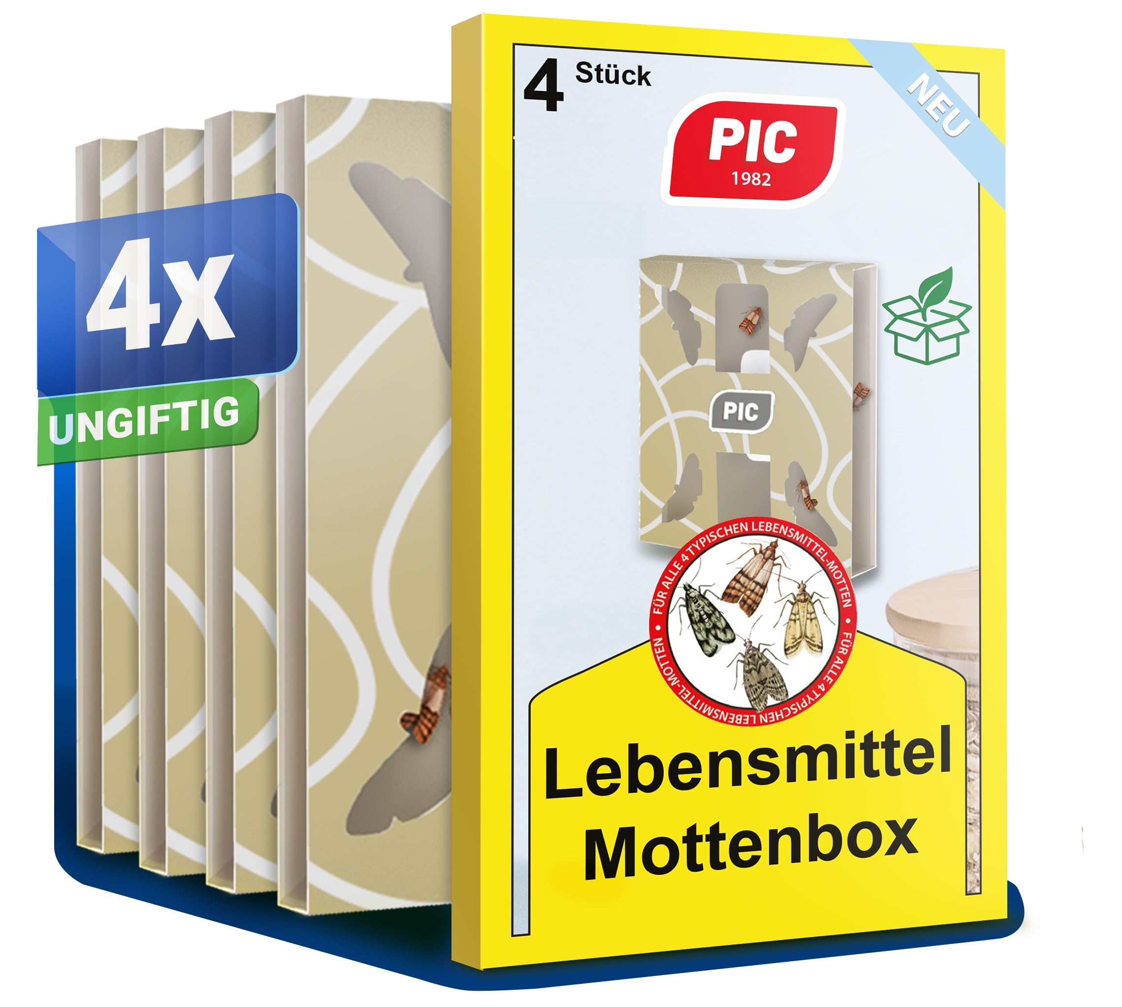 PIC Lebensmittel Mottenfalle – 2x2 Pheromonfalle gegen Lebensmittelmotten, Geruchlose Mottenfalle mit Verklebungs- und Sichtschutz