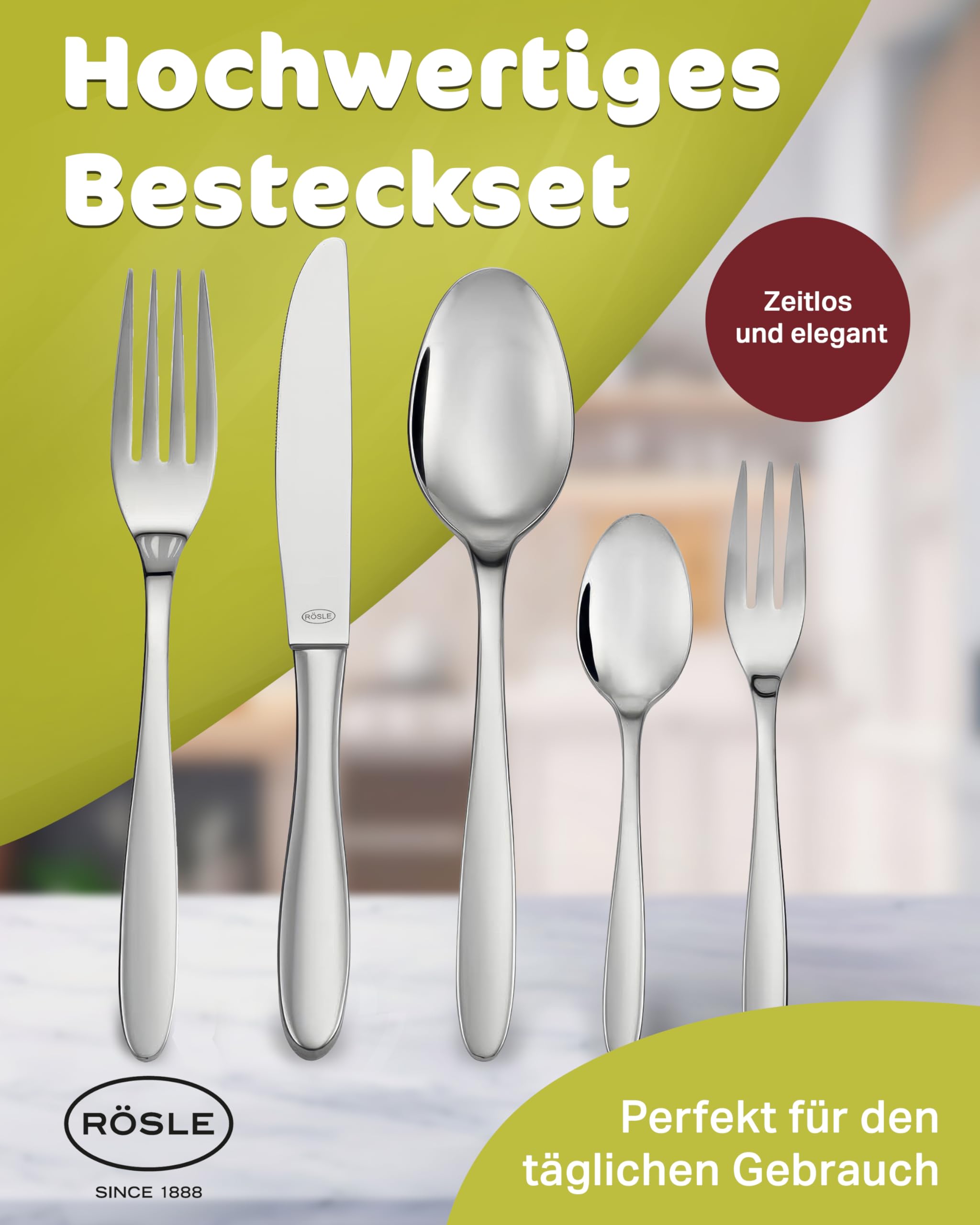 RÖSLE Elegance - Cubertería de 30 piezas,para 6 personas, de acero inoxidable 18/10, hoja de acero brillante, apto para lavavajillas