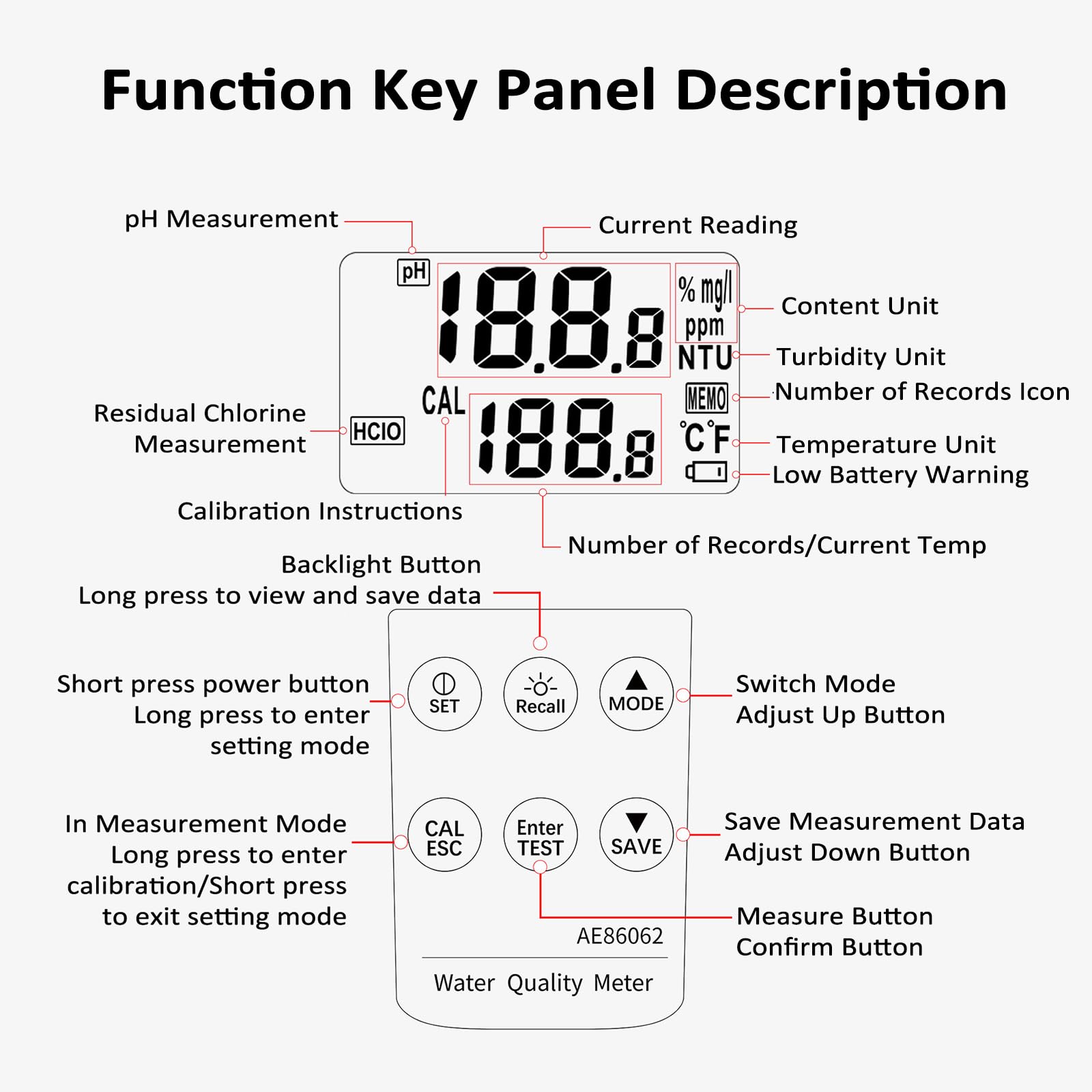 Medidor digital de calidad del agua, detector multiparámetro con sonda, mide turbidez/pH/cloro residual, almacena 99 entradas de datos, conmutación °C/°F, para piscina de acuario