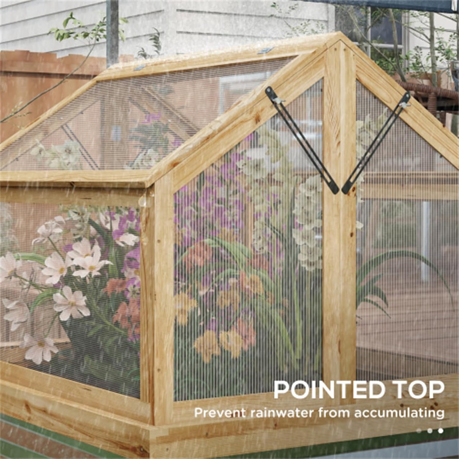 Raised Flower Bed with Polycarbonate Greenhouse, Garden Wooden Cold Bed Greenhouse Flower Planting Protection, Pointed Top, 35.5" x 31.5" x 36", Natural Color