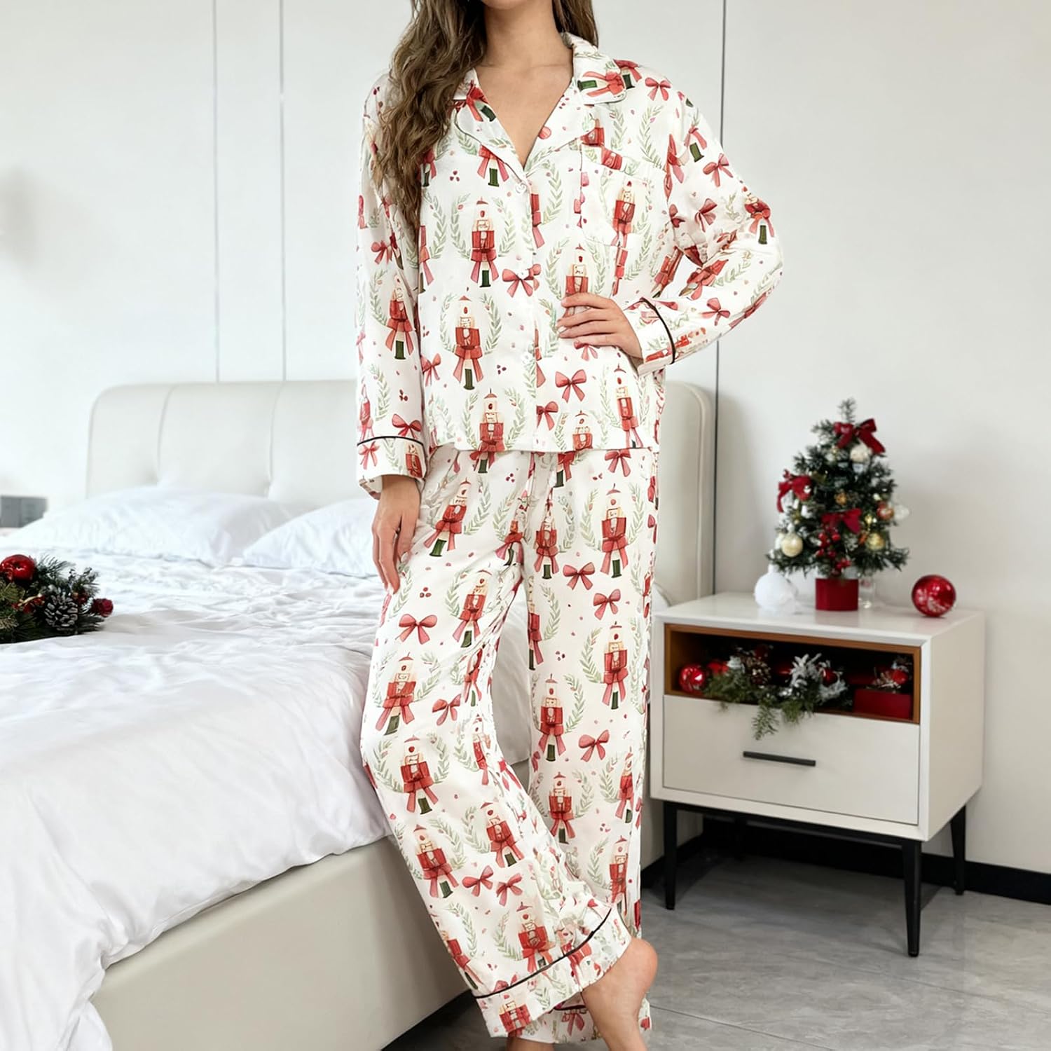 Women Christmas Print Pajamas Set Long Sleeve Button Down V-Neck Shirt Elastic Waist Wide Leg Pants Loose Fit Sleepwear