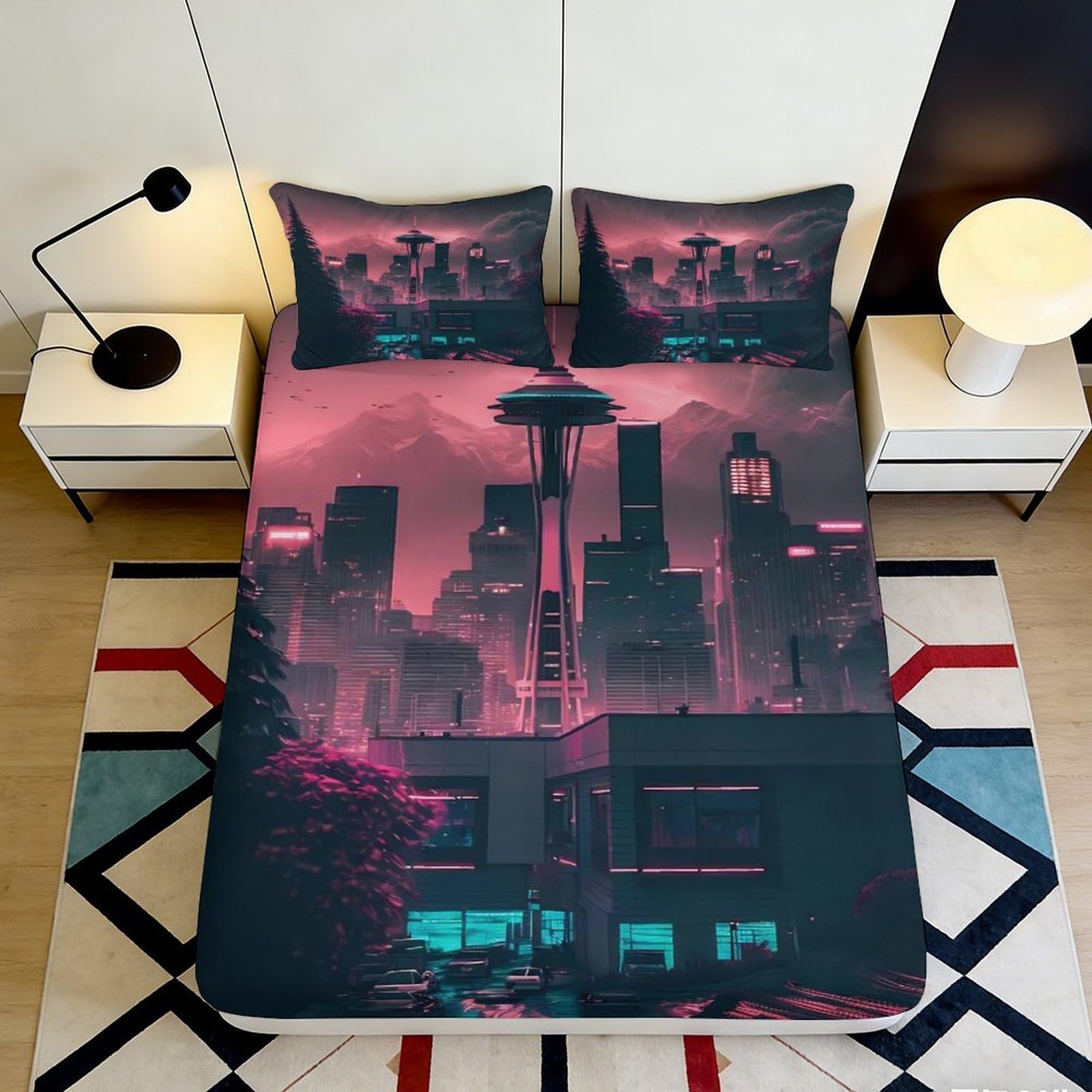 3D Printed Neon Cityscape Fitted Sheet Microfiber Soft Urban Skyline Mattress Cover for Bedroom Guest Room Decor 90x200x25cm