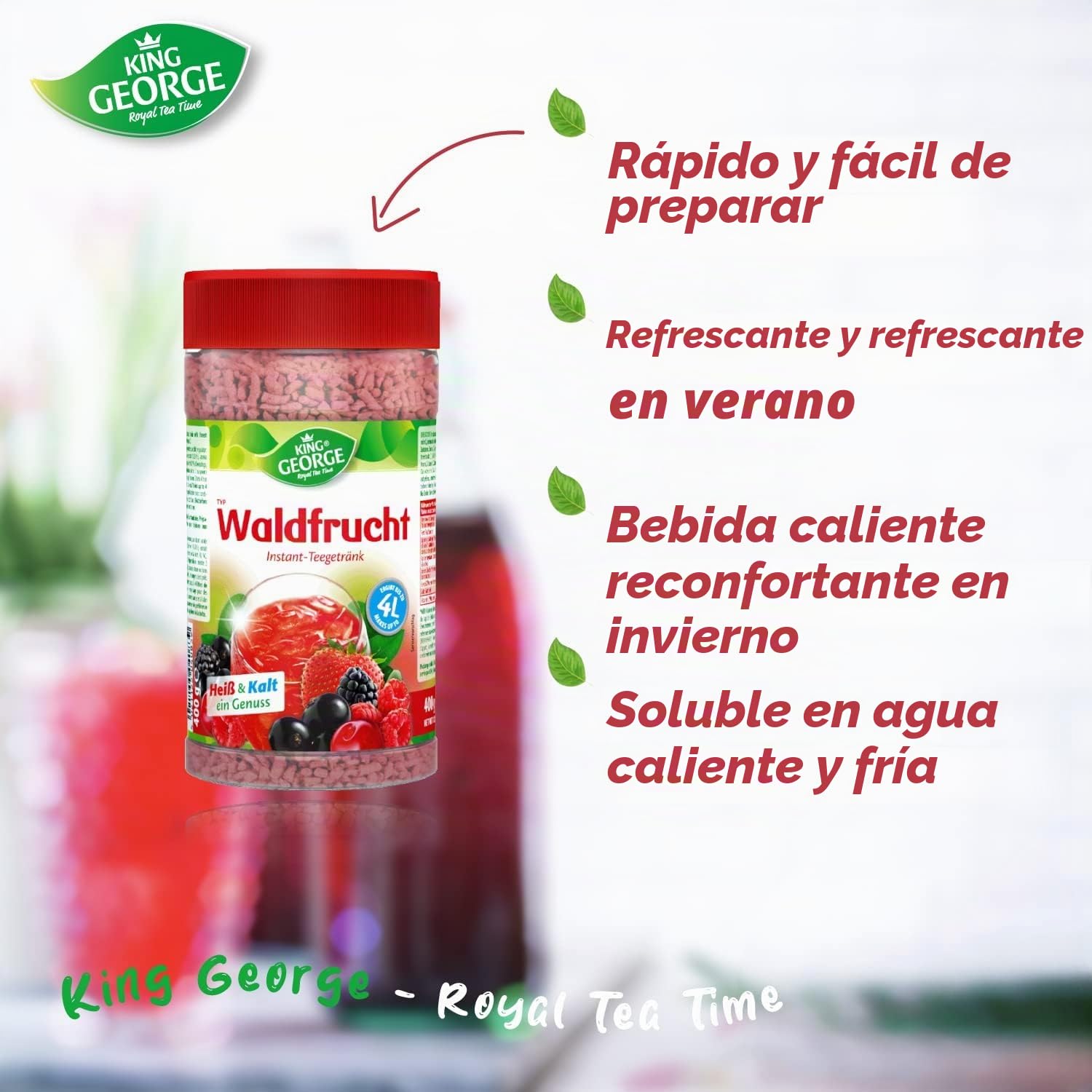 KING GEORGE - Bebida de té instantánea de frutas del bosque, 12 x 400 g, Bebida instantánea de bayas del bosque con vitamina C - Té de migajas - Bebida en polvo, refrescante y extinción de la sed para