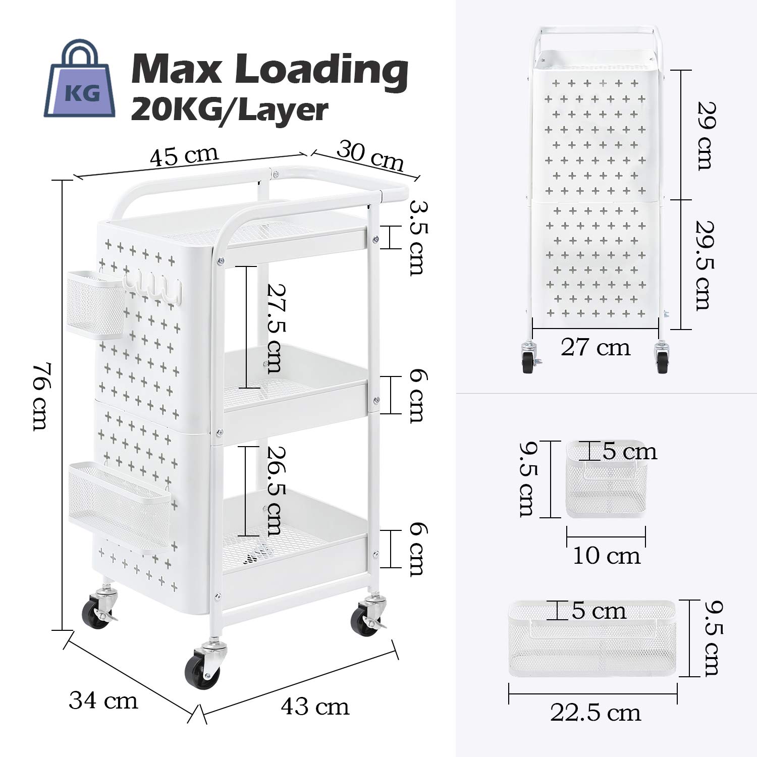KINGRACK Carro de almacenamiento, carro rodante de 3 niveles, estante de metal con ganchos para tablero de clavijas, cestas con ruedas, estante de almacenamiento móvil para cocina hogar (Blanco)