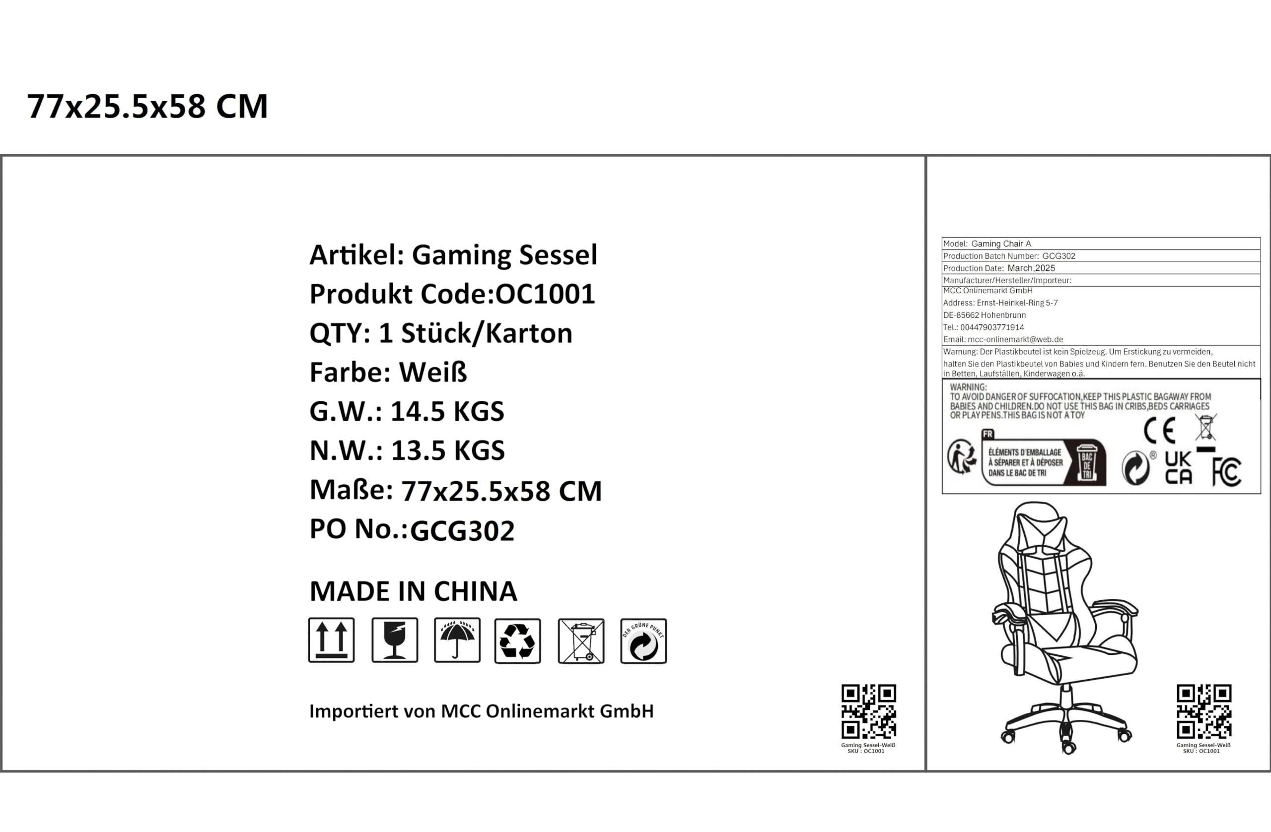 mcc direct Bürostuhl Ergonomisch, Schreibtischstuhl, Drehstuhl, Gaming Sessel, Gamingstuhl (Grau)