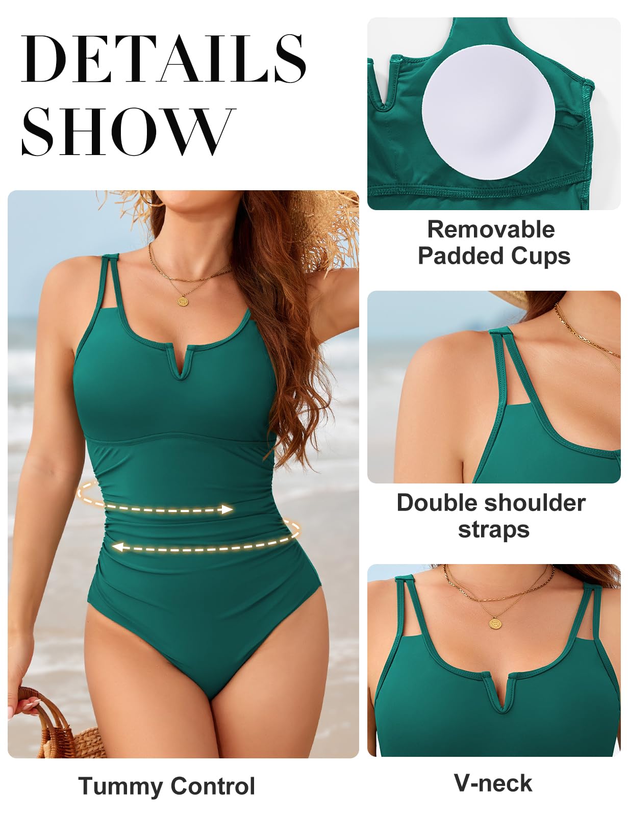 Maillot de Bain Femme 1 Pieces Gaine Ventre Plat Push Up Rembourré Grande Taille Maillots de Bain Amincissant Taille Haute Col en V Swimsuit avec Bretelles Doubles